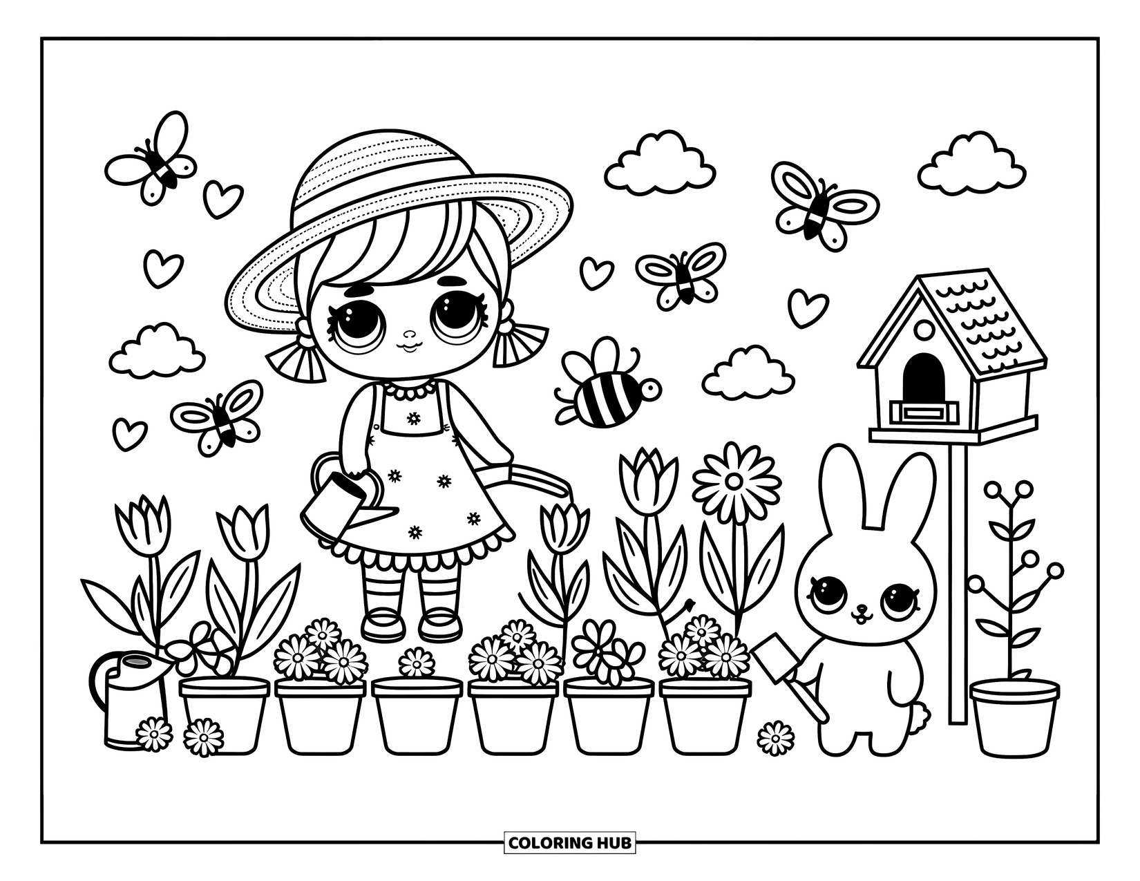 Pop Kleurplaat voor Volwassenen: Een pop verzorgt haar tuin naast bloempotten, bijen en een vrolijk konijntje met een spade