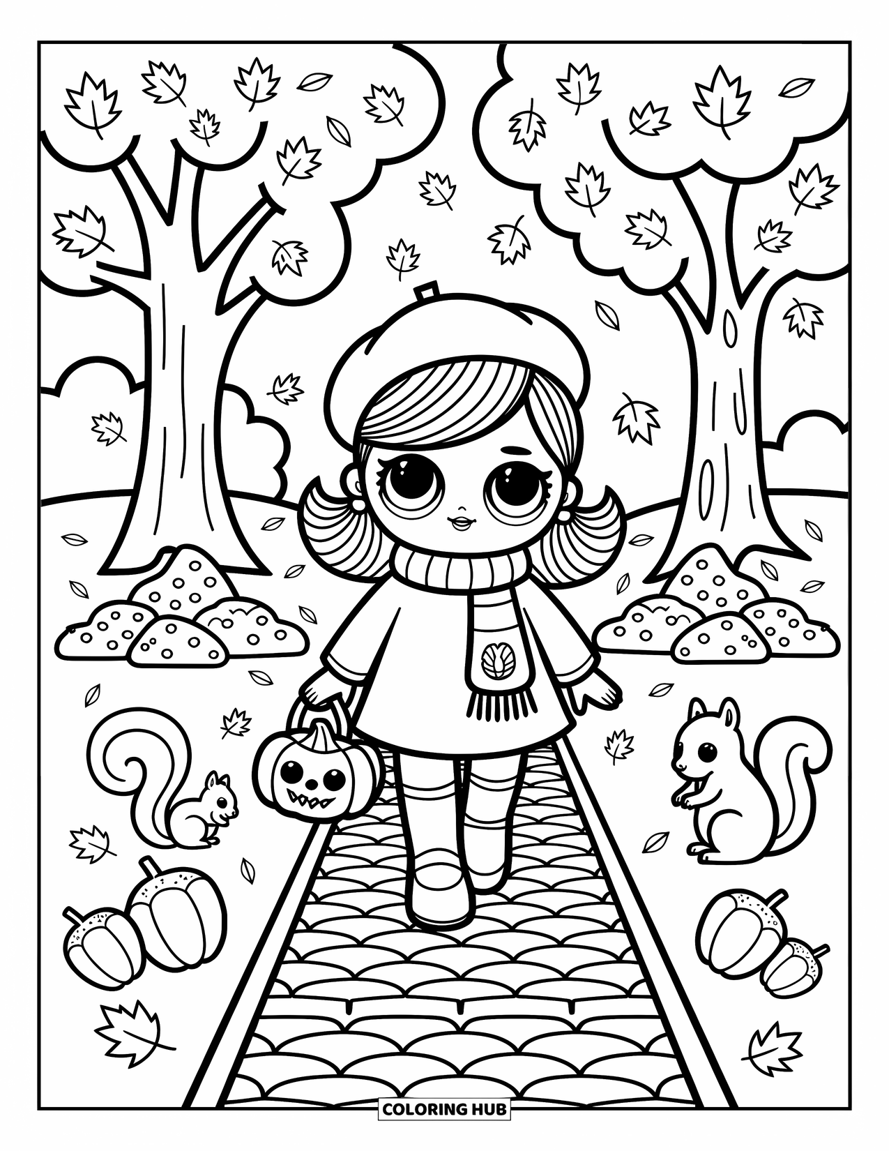 Pop Kleurplaat voor Volwassenen: Een pop loopt over een geplaveid pad, omringd door bladeren, eikels en speelse eekhoorns