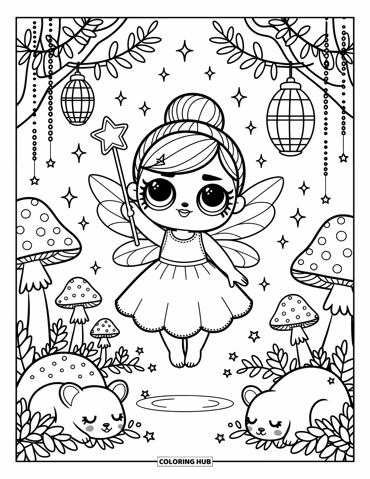 Pop Kleurplaat voor Volwassenen: Een feeërieke pop zweeft met haar toverstaf in de buurt van lantaarns, sterren en boswezens