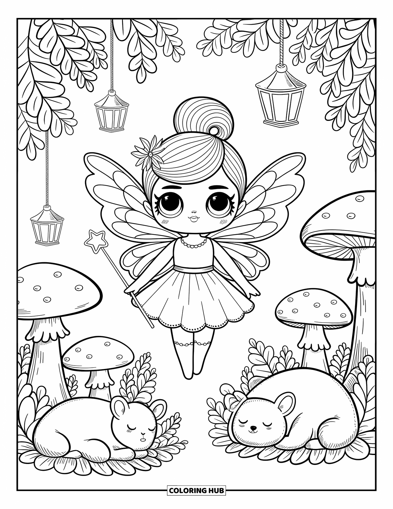 Pop Kleurplaat voor Volwassenen: Een feeërieke pop met een toverstaf zweeft in een bos van lantaarns, paddenstoelen en beestjes