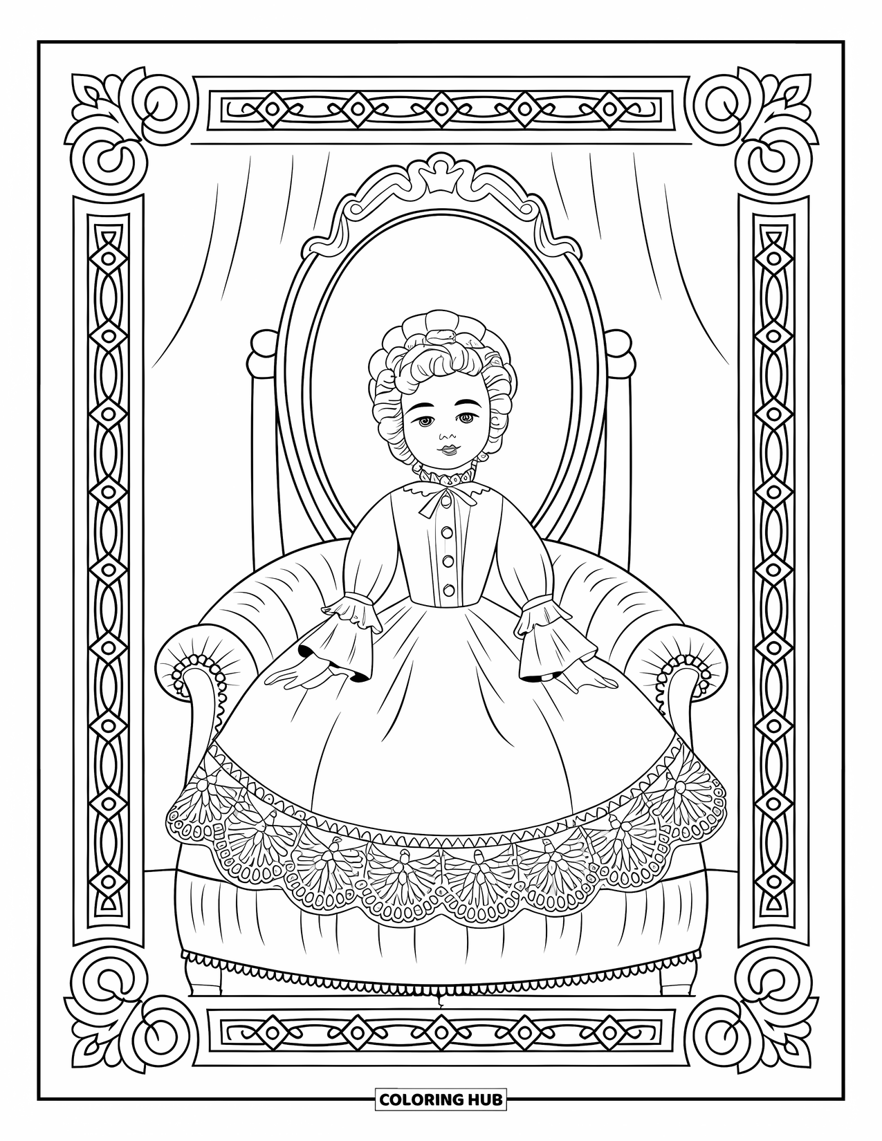 Pop Kleurplaat voor Volwassenen: Een porseleinen pop zit kalm met een kanten stoel en een patroonrand achter haar