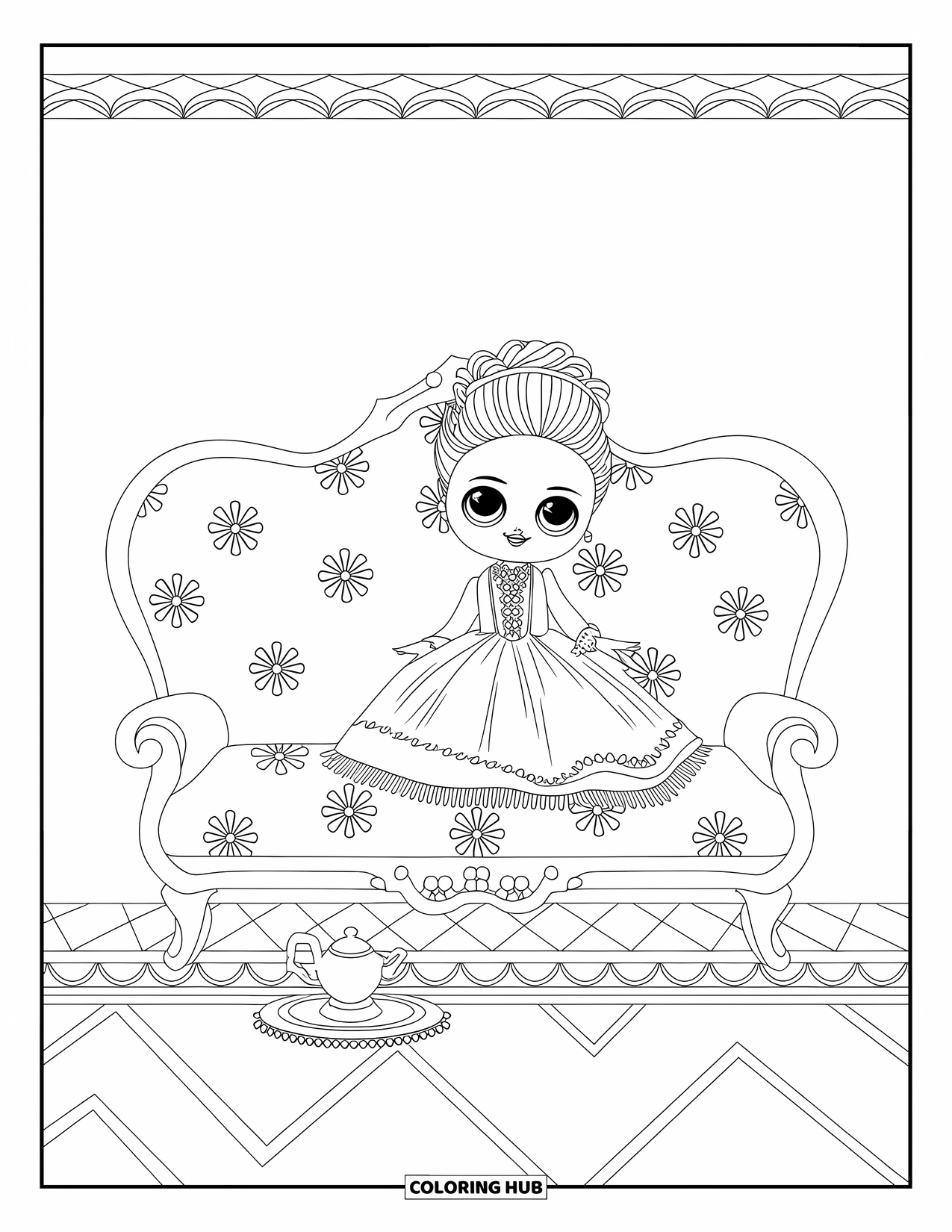 Pop Kleurplaat voor Volwassenen: Een Victoriaanse pop ontspant op een met rozen bedekte bank met thee en een vloerkleed met patroon