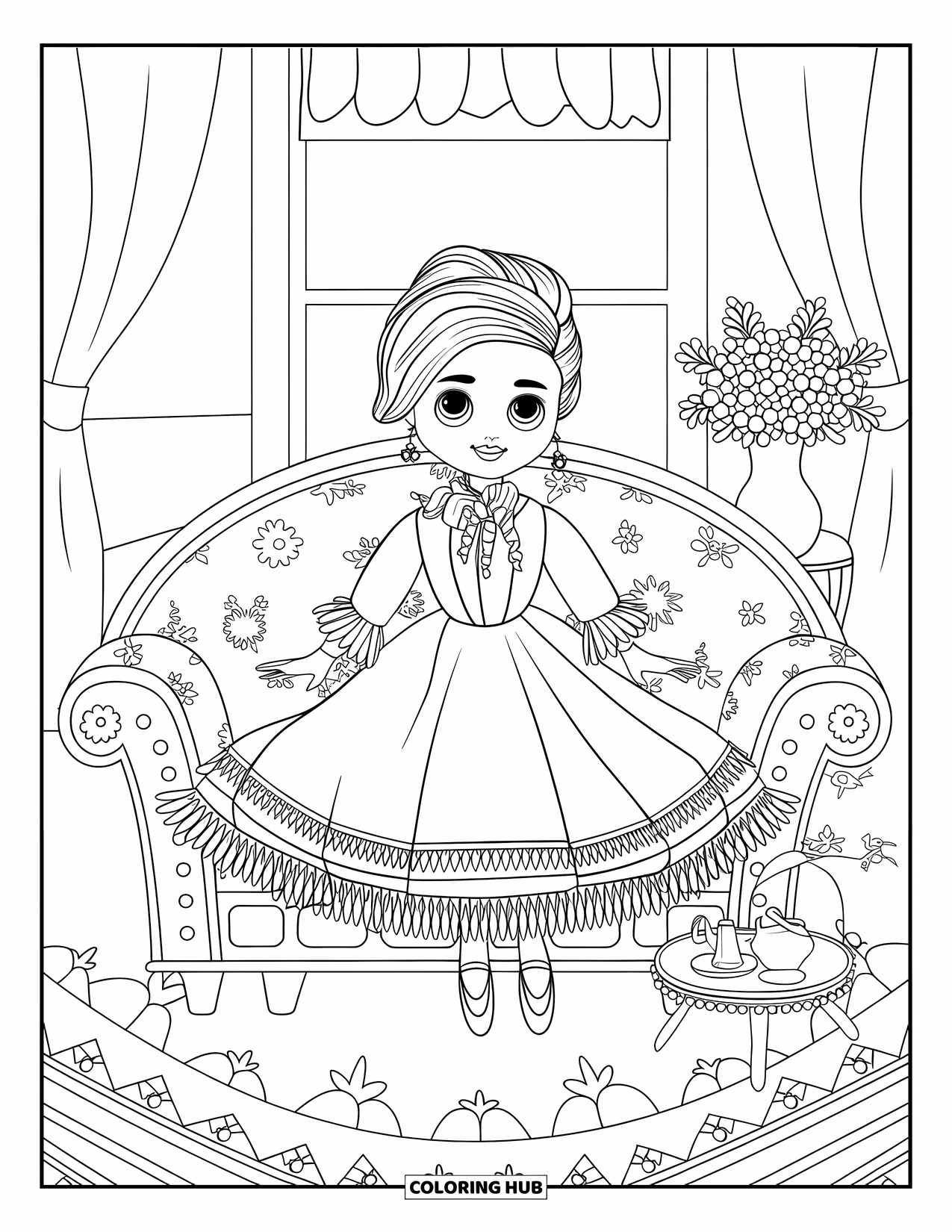 Pop Kleurplaat voor Volwassenen: Een Victoriaanse pop zit op een bloemenbank naast een klein theeblad en een raam