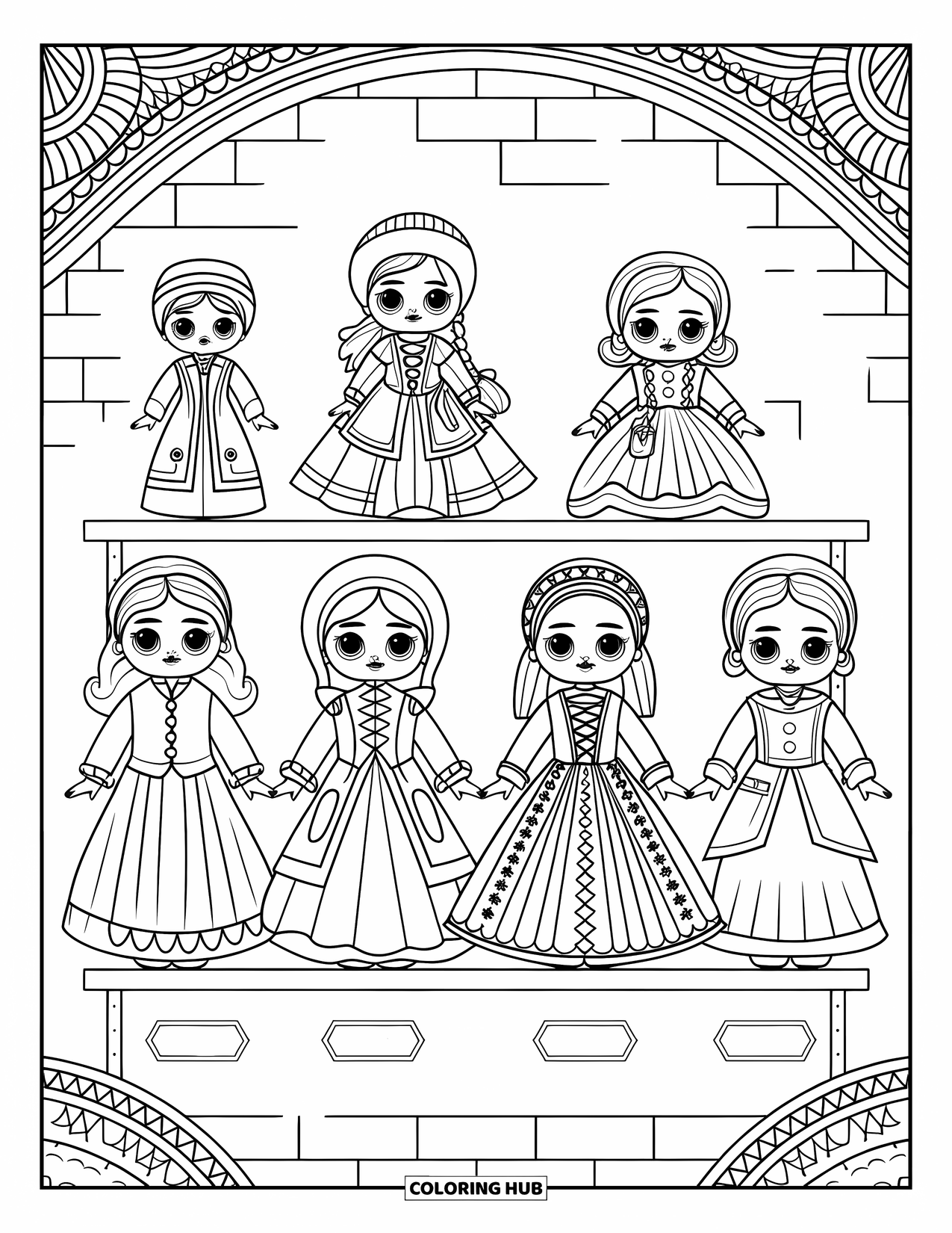 Pop Kleurplaat voor Volwassenen: Vijf poppen in kostuums staan op een plank met ingewikkelde patronen erachter