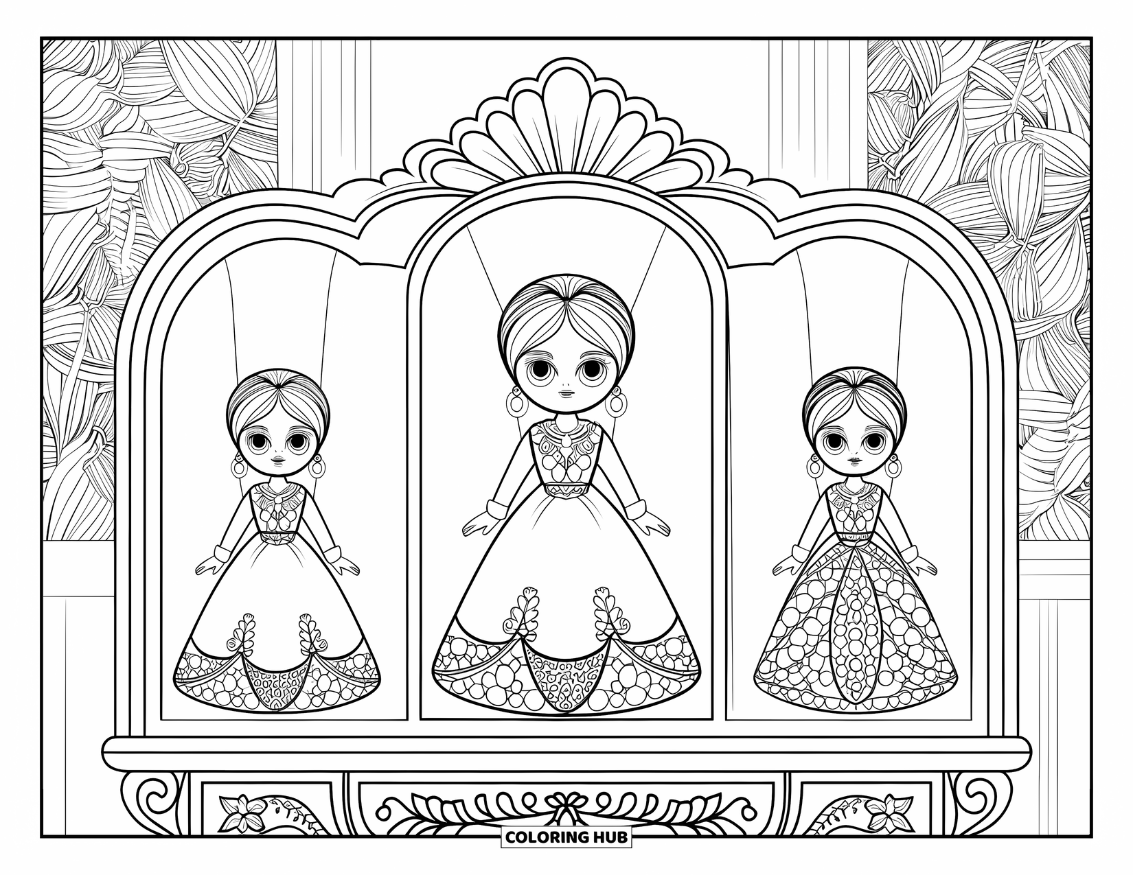 Pop Kleurplaat voor Volwassenen: Drie gedetailleerde poppen worden tentoongesteld in een gesneden kast met een bloemenmuur erachter