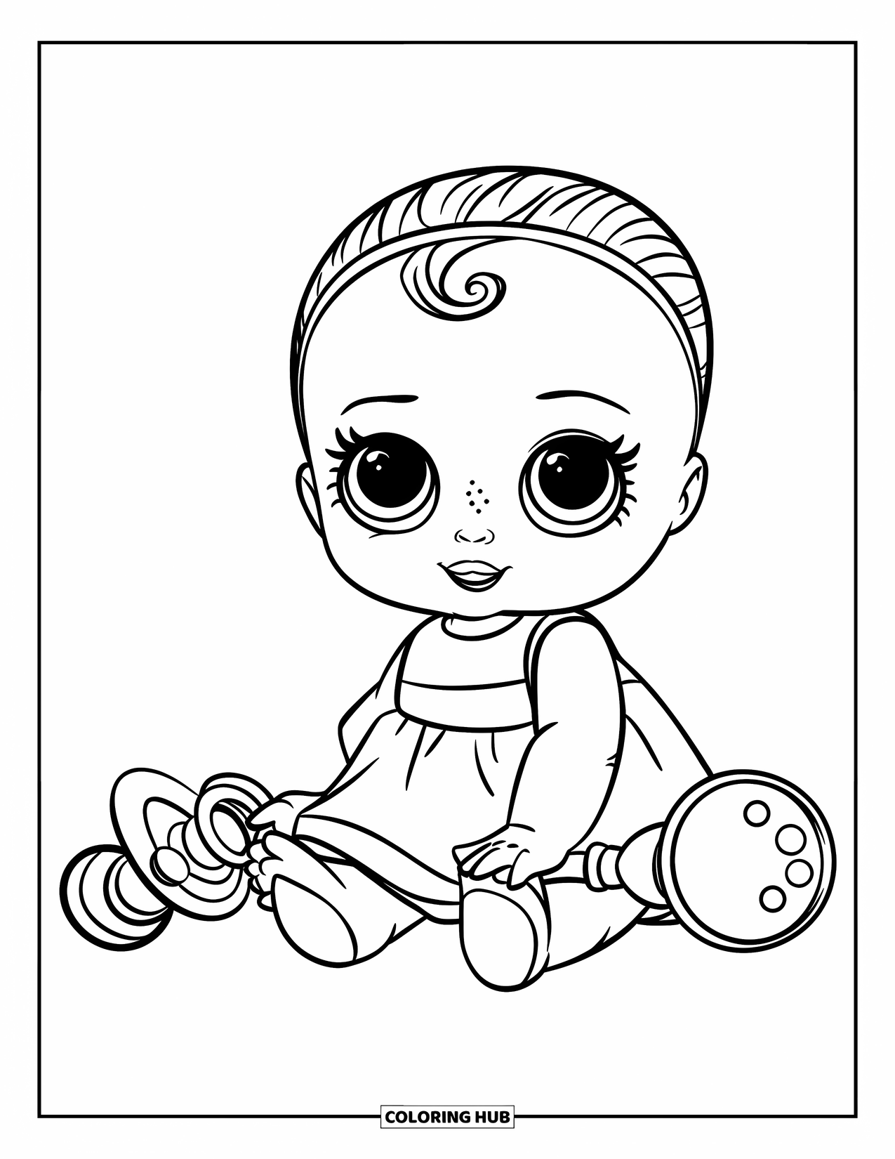 Pop Kleurplaat voor Kinderen: Een babypop in een roze jurk zit met haar fopspeen en een blauwe rammelaar