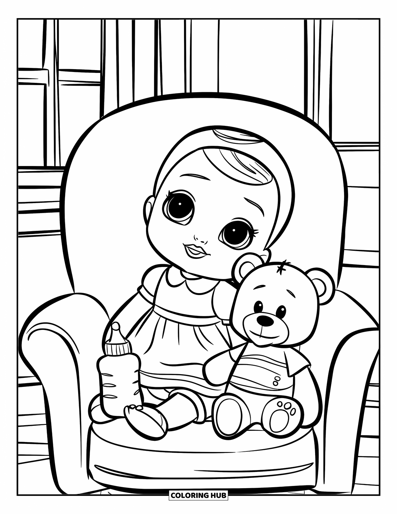 Pop Kleurplaat voor Kinderen: Een babypop op een stoel deelt haar ruimte met een teddybeer en een fles