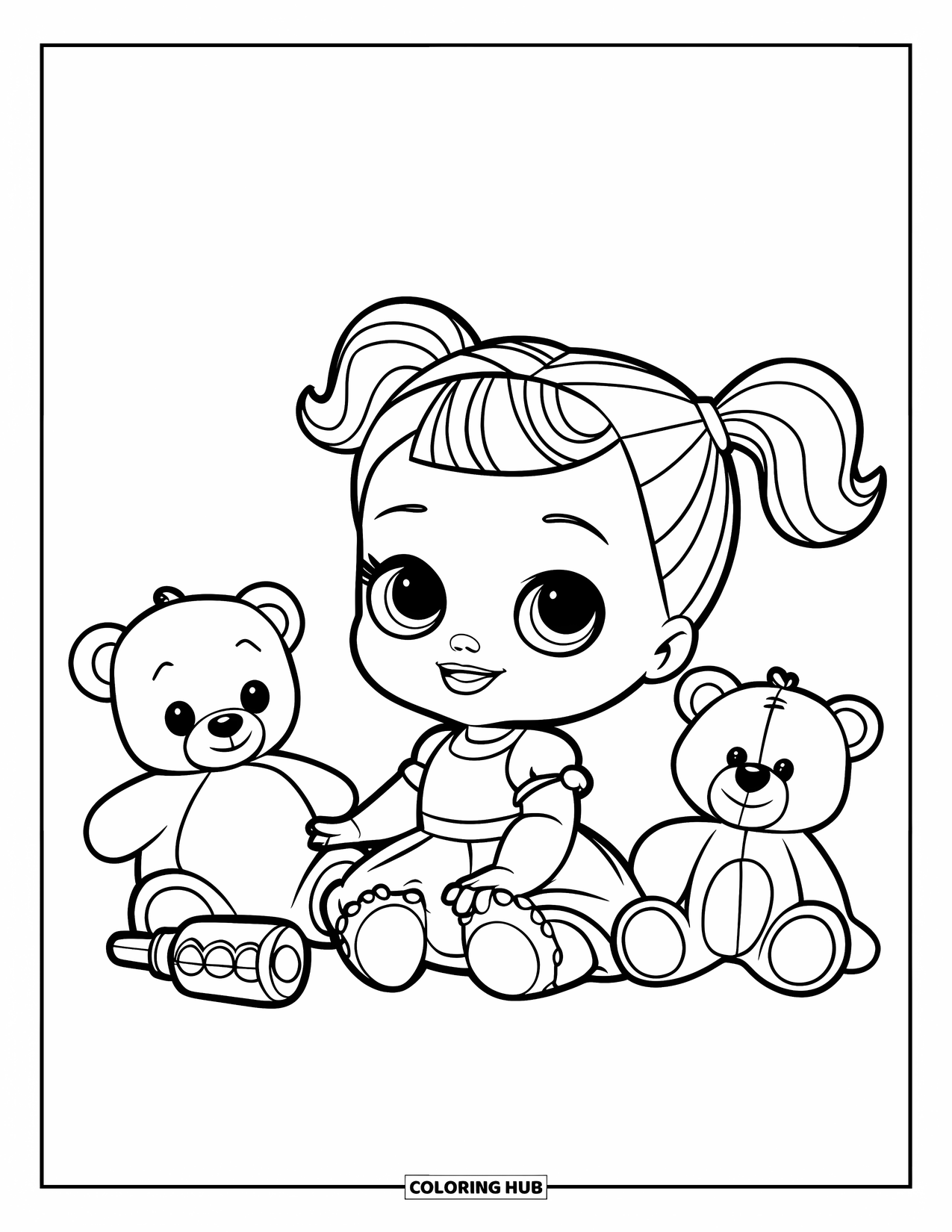 Pop Kleurplaat voor Kinderen: Een babypop met paardenstaarten zit op de grond naast haar teddybeer en fles