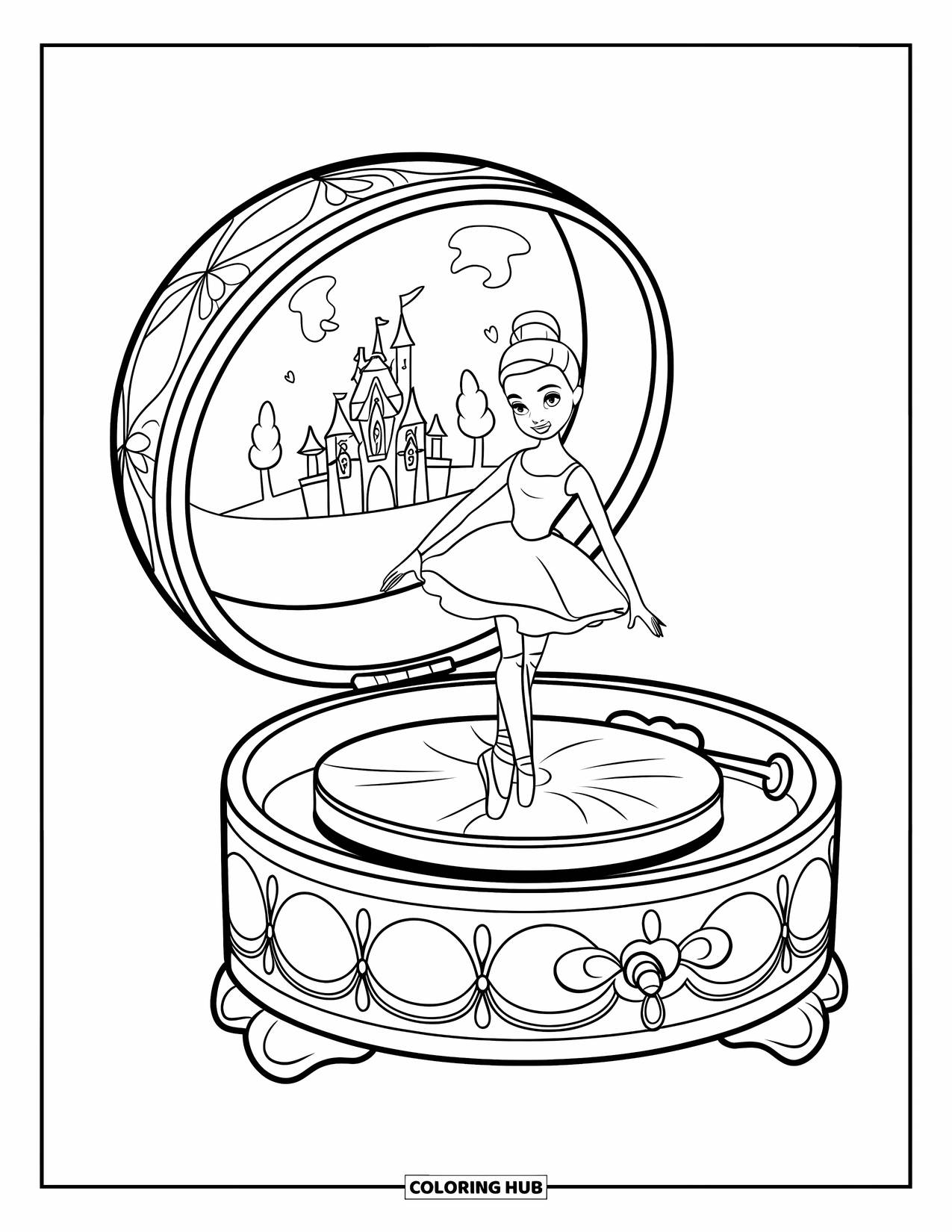 Pop Kleurplaat voor Kinderen: Een ballerina pop draait op een draaitafel in een speelgoed muziekdoos