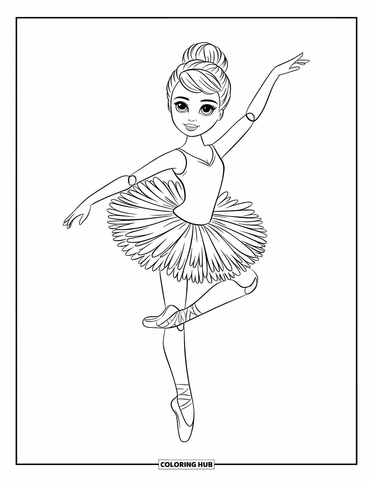 Pop Kleurplaat voor Kinderen: Een ballerina pop staat op één voet en draagt een poofy tutu