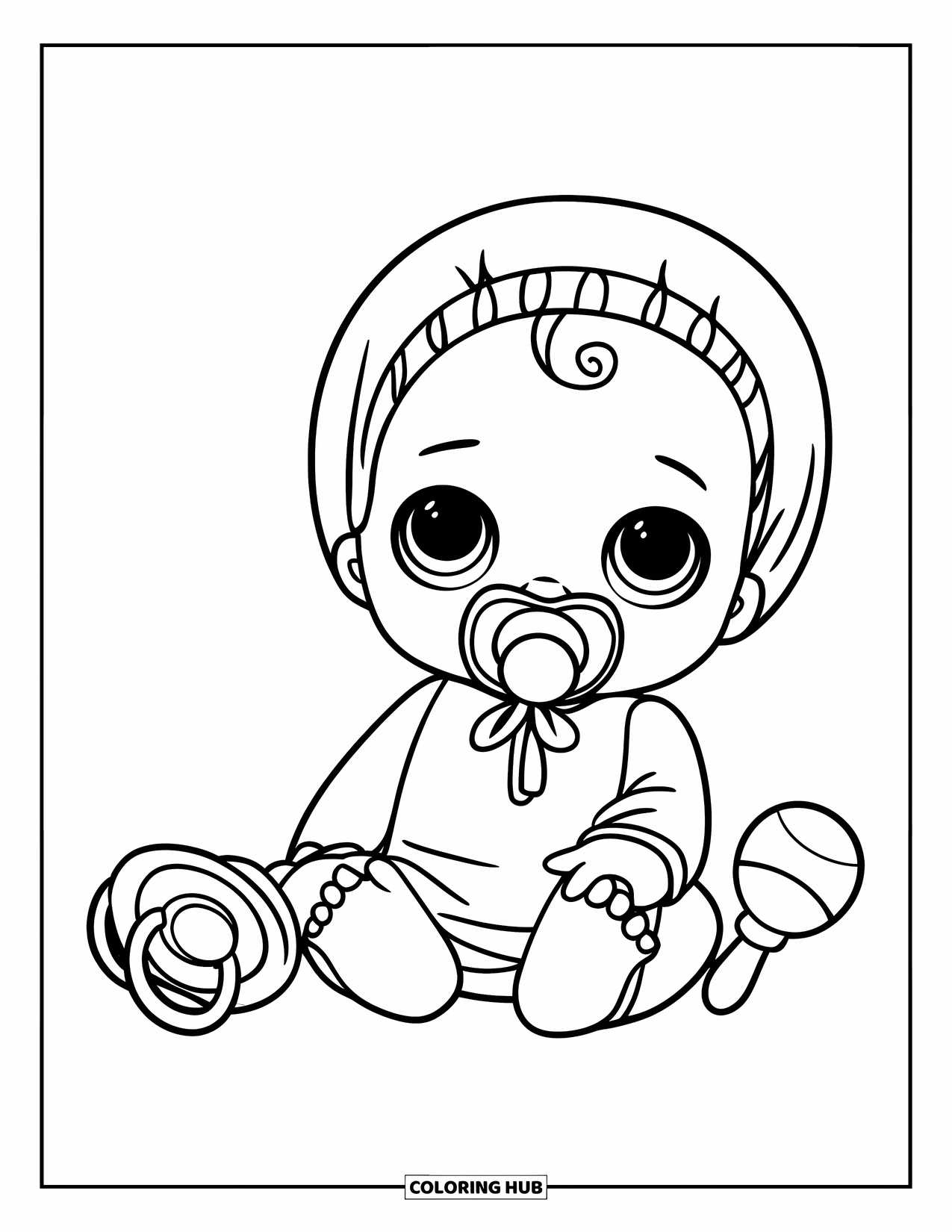 Pop Kleurplaat voor Kinderen: Een vrolijke babypop in een muts zit met haar kleine speeltjes