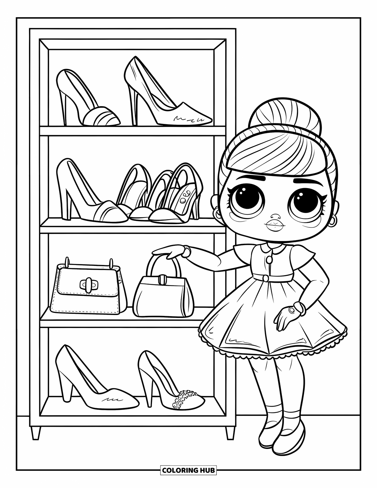 Pop Kleurplaat voor Kinderen: Een verzamelpop poseert naast een plank vol met kleine schoenen en handtassen