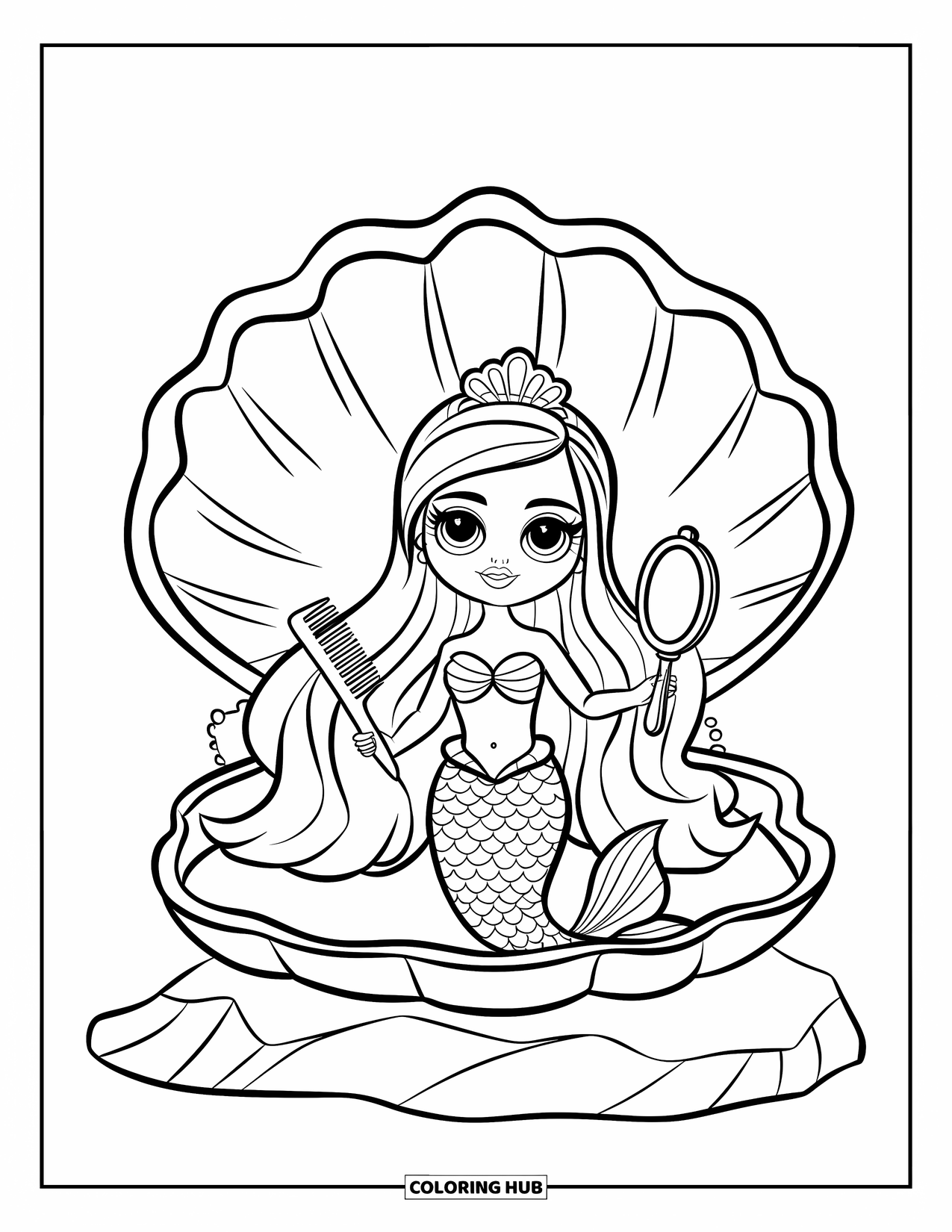 Pop Kleurplaat voor Kinderen: Een gekroonde zeemeerminpop houdt een kam vast in een schelp op een rots