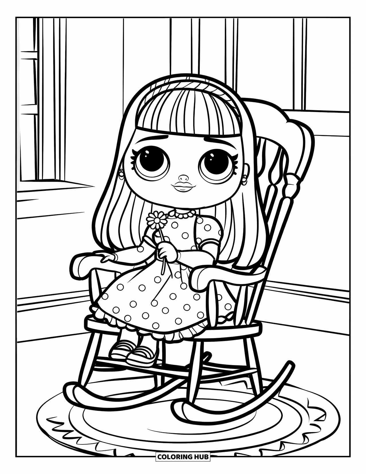 Pop Kleurplaat voor Kinderen: Een schattige pop in een stippenjurk schommelt zachtjes terwijl ze een klein bloemetje vasthoudt