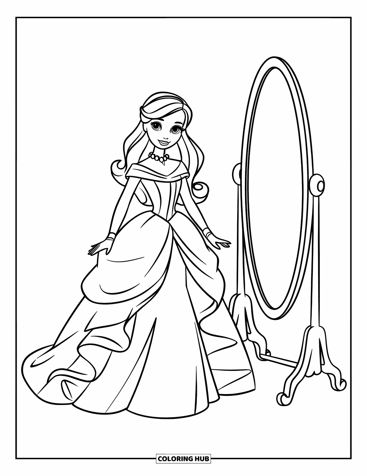 Pop Kleurplaat voor Kinderen: Een pop in een gewaad staat voor een mini-spiegel met drie kleine spiegels