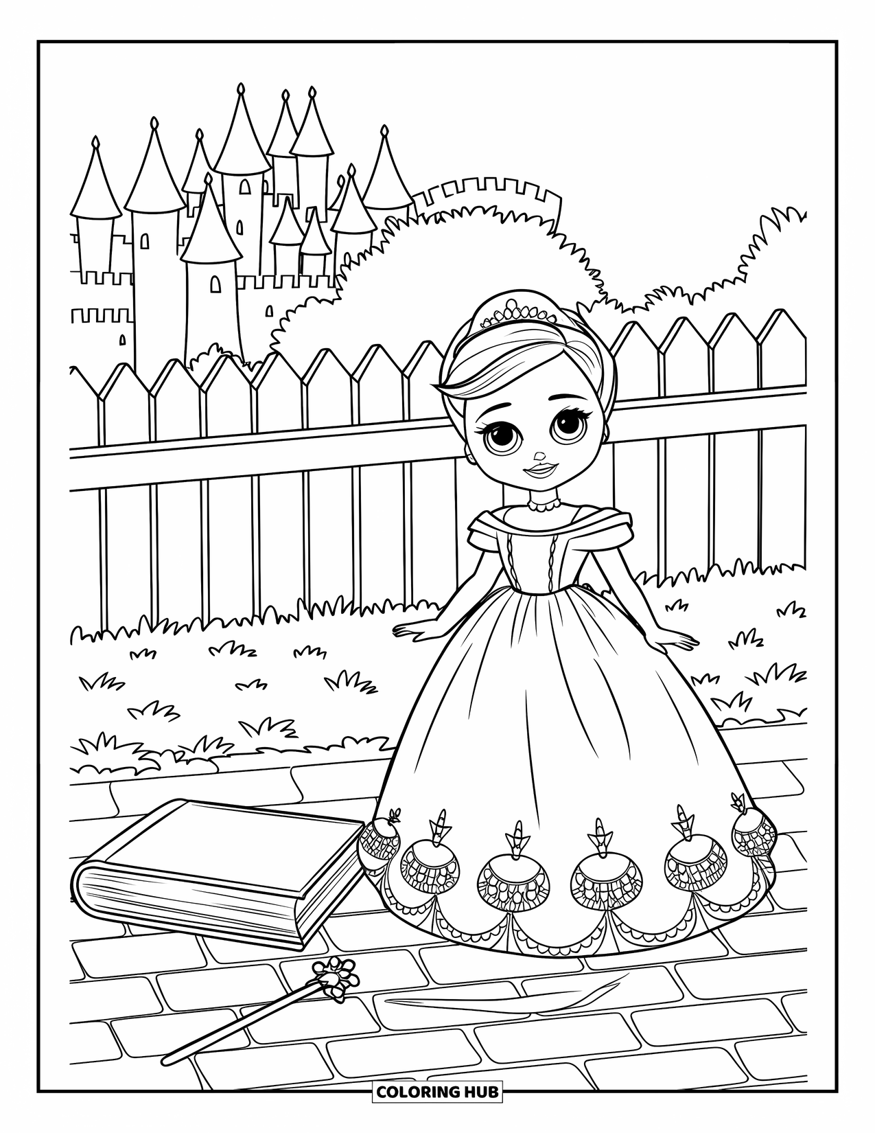 Pop Kleurplaat voor Kinderen: Een pop in een gewaad staat op een bakstenen pad met een kasteel en een hek erachter
