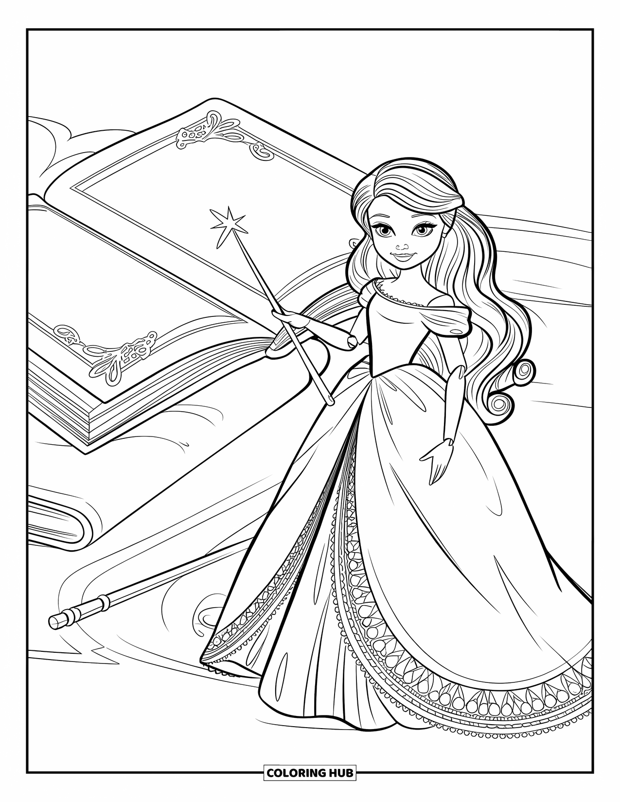 Pop Kleurplaat voor Kinderen: Een pop in een kanten jurk houdt een toverstaf vast naast een sprookjesboek