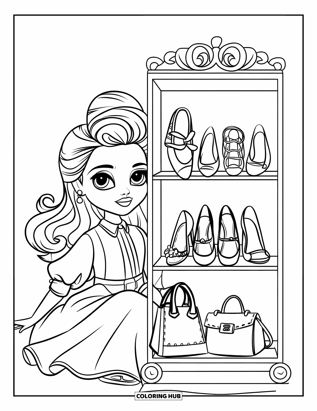 Pop Kleurplaat voor Kinderen: Een pop in een roze jurk staat naast een plank met schattige schoenen en tassen