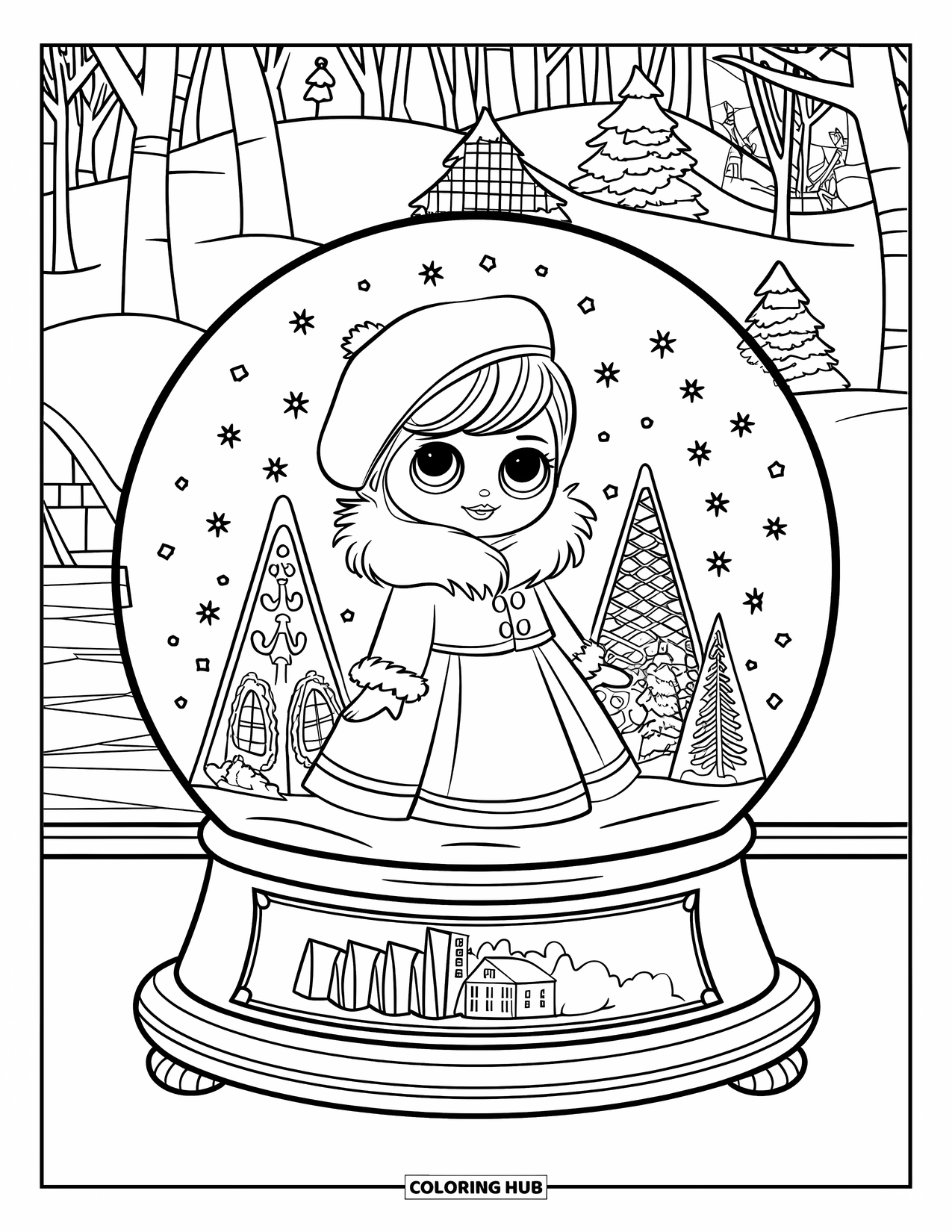 Pop Kleurplaat voor Kinderen: Een pop in een rode jurk en baret staat in een sneeuwbol gevuld met peperkoekgebouwen