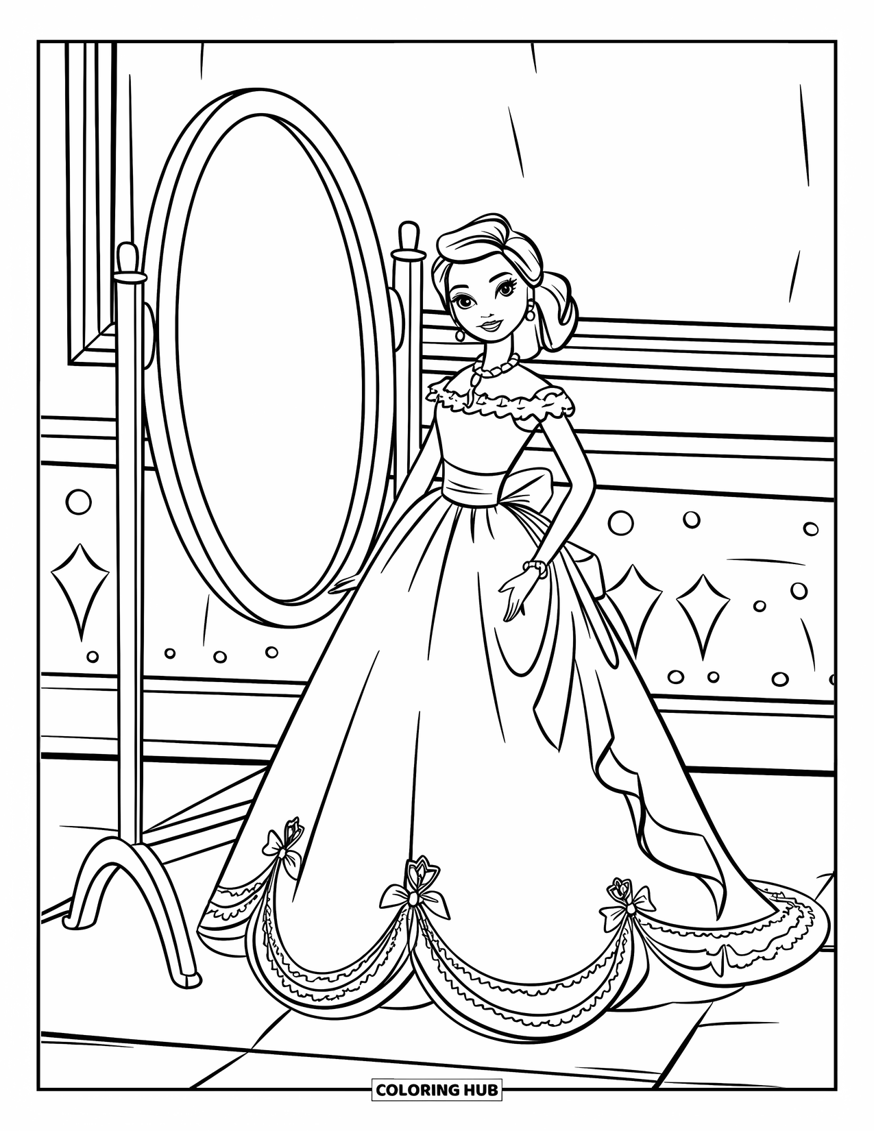 Pop Kleurplaat voor Kinderen: Een pop in een witte jurk met roze accenten poseert naast een kaptafel met drie spiegels