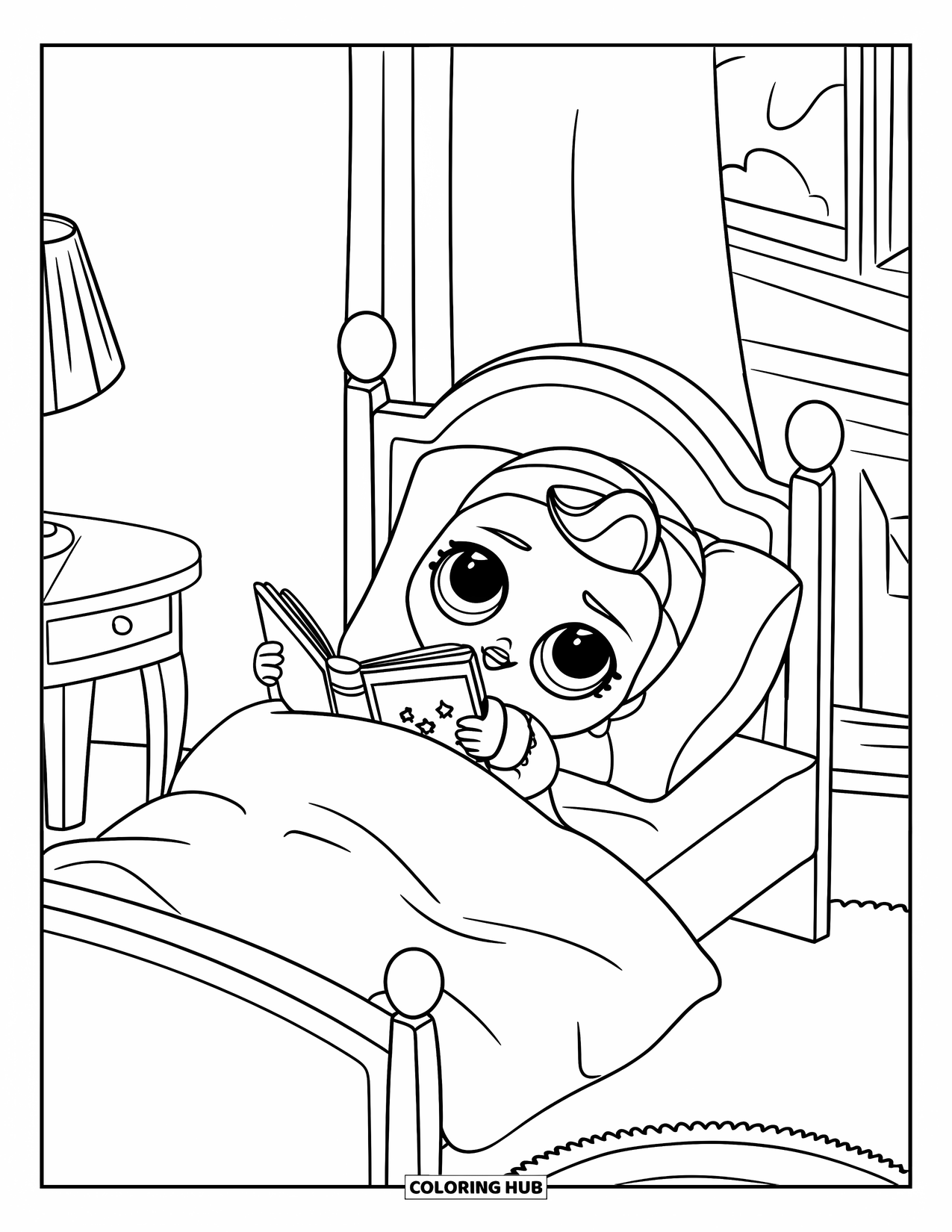 Pop Kleurplaat voor Kinderen: Een pop in pyjama leest in bed bij een lamp en een raam