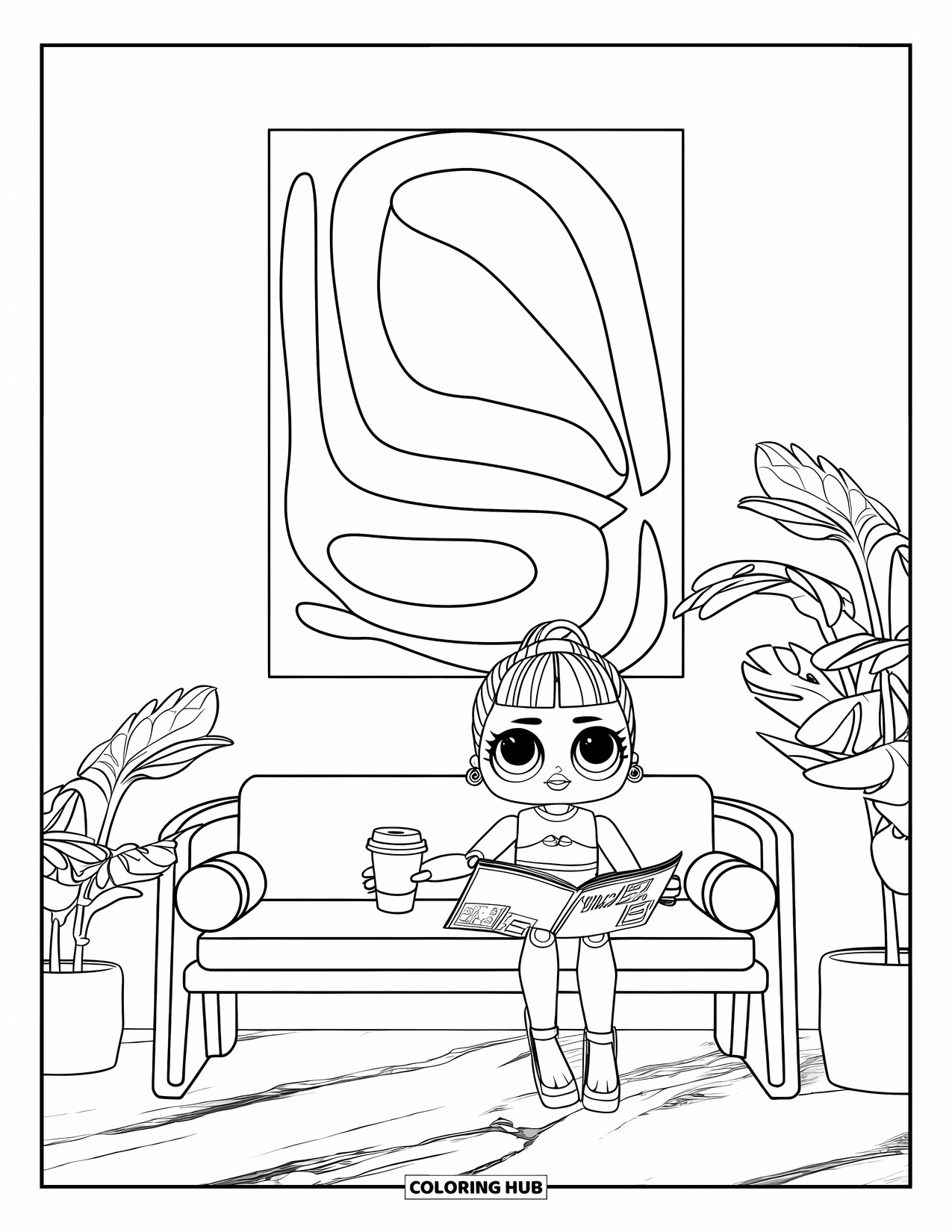 Pop Kleurplaat voor Kinderen: Een pop ligt op een bank met potplanten en abstracte kunst aan de muur in de buurt