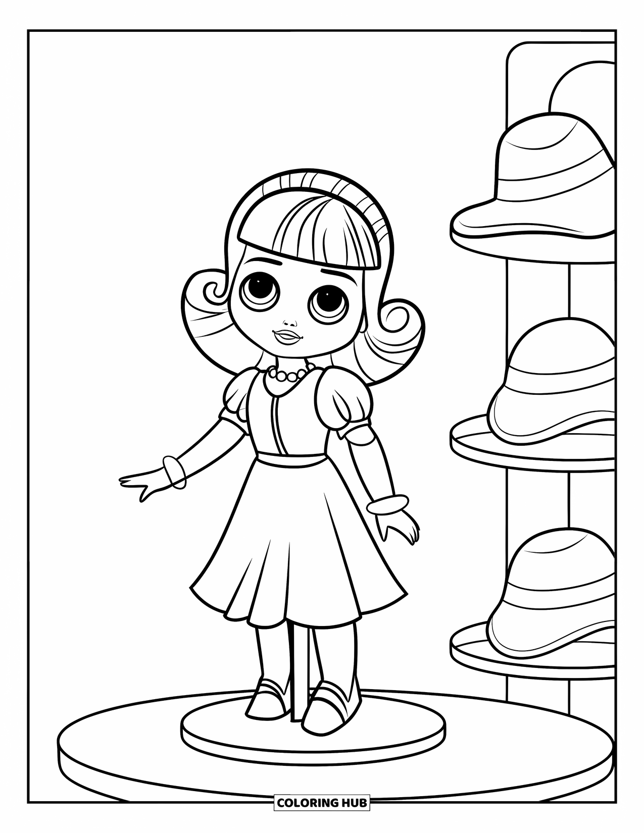 Pop Kleurplaat voor Kinderen: Een pop op een displaystandaard poseert naast een plank vol hoeden
