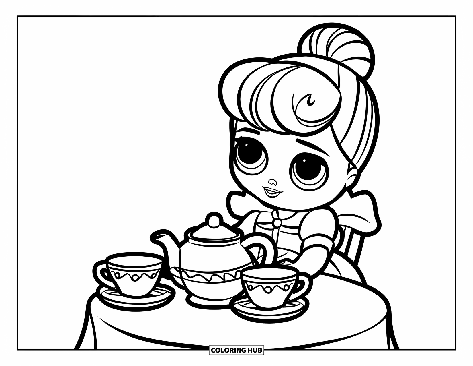 Pop Kleurplaat voor Kinderen: Een pop speelt theetijd met een kleine theepot en twee bijpassende kopjes