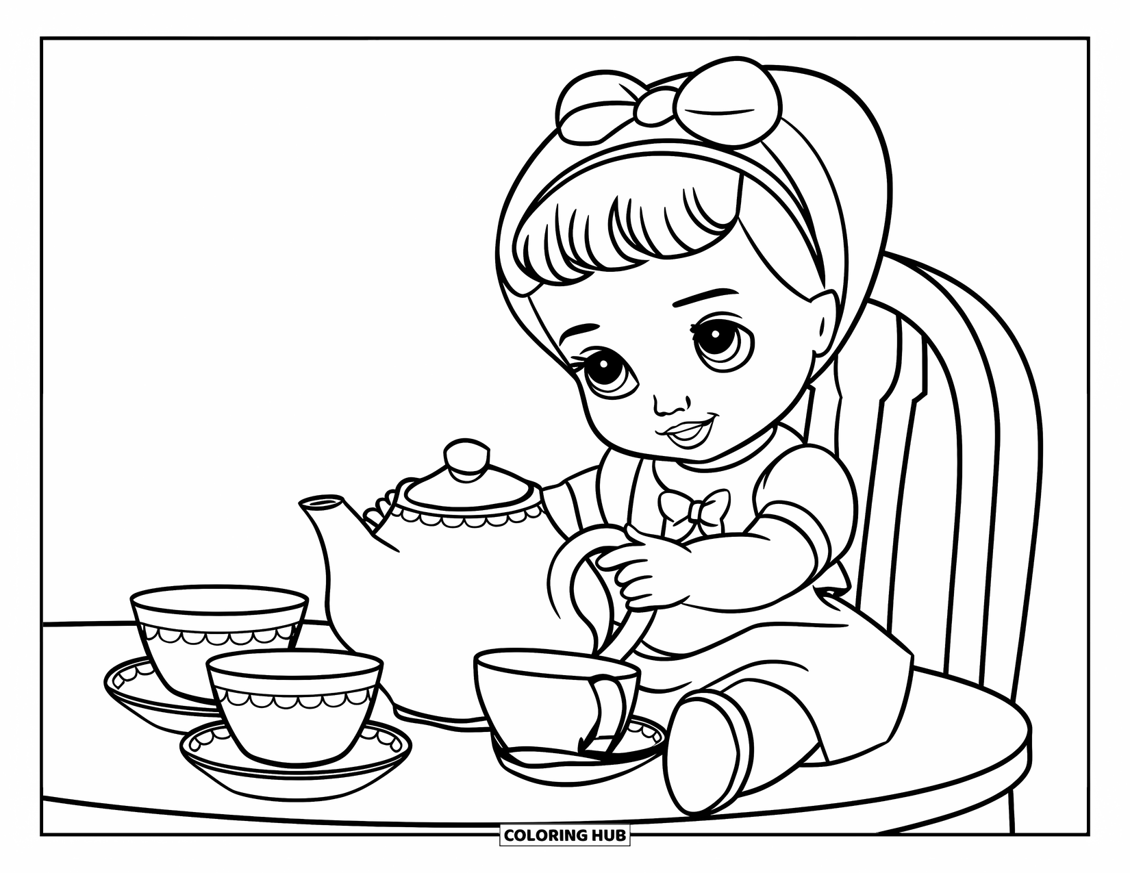 Pop Kleurplaat voor Kinderen: Een pop schenkt thee aan een tafel met twee kopjes en een theepot