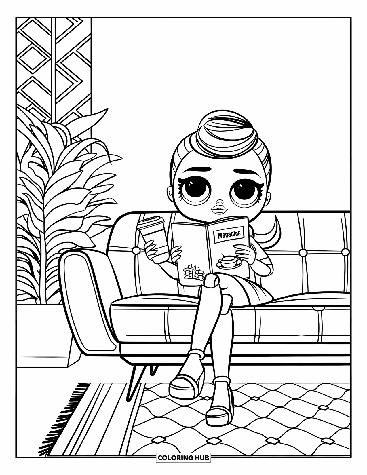 Pop Kleurplaat voor Kinderen: Een pop met een koffiekop en tijdschrift zit op een bank in een stijlvolle kamer