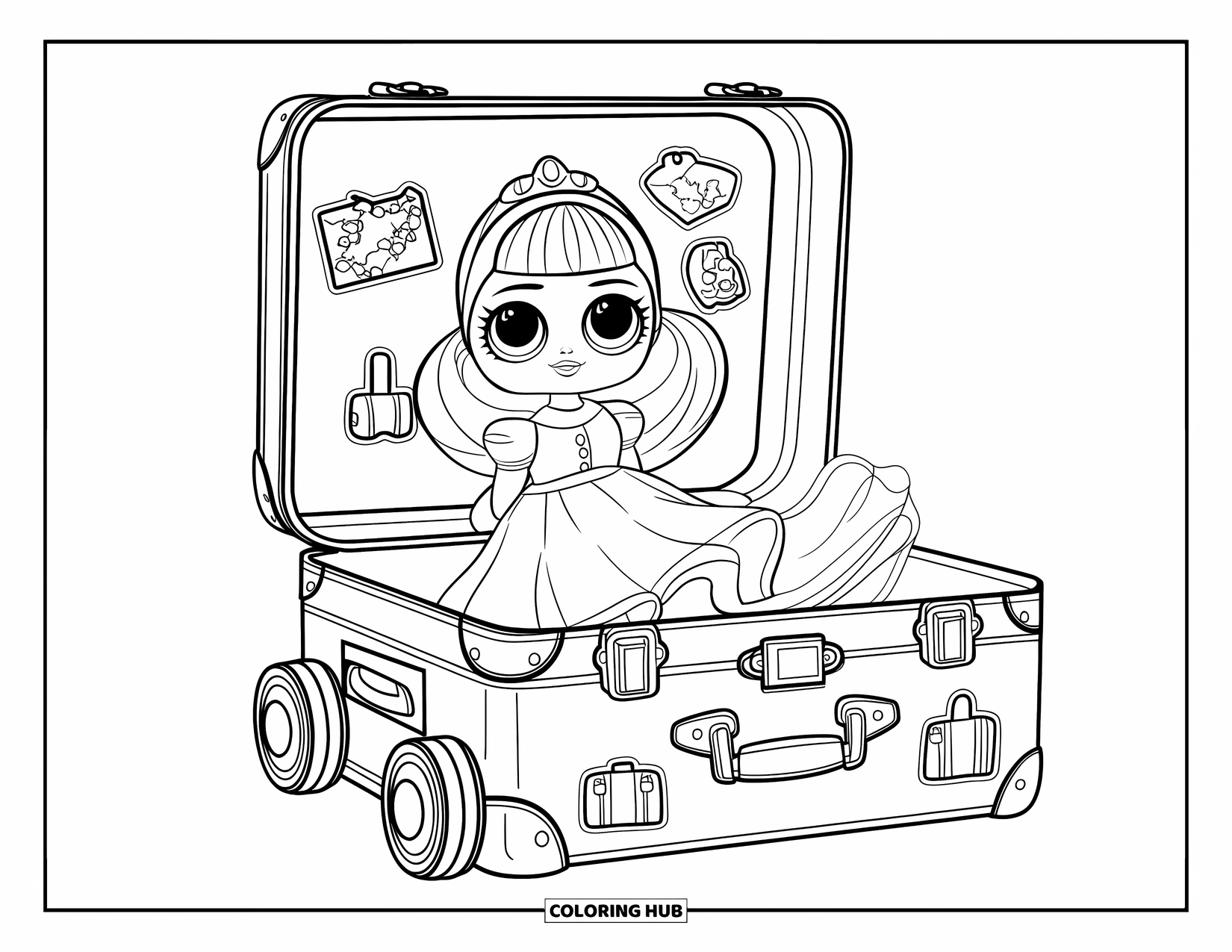 Pop Kleurplaat voor Kinderen: Een pop met blond haar zit in een met stickers bedekte reiskoffer bovenop een koffer