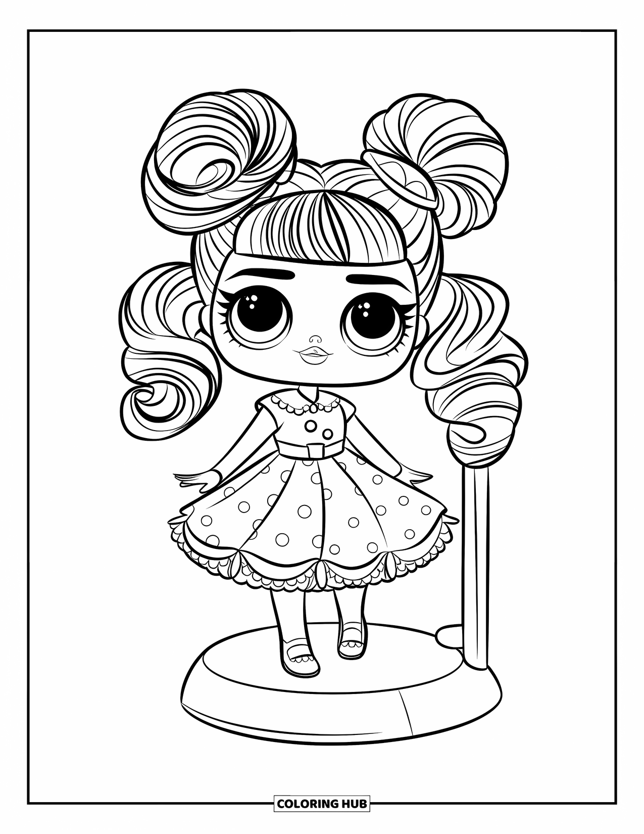 Pop Kleurplaat voor Kinderen: Een pop met krullende knotjes staat op een displaystandaard en laat haar expressieve ogen zien