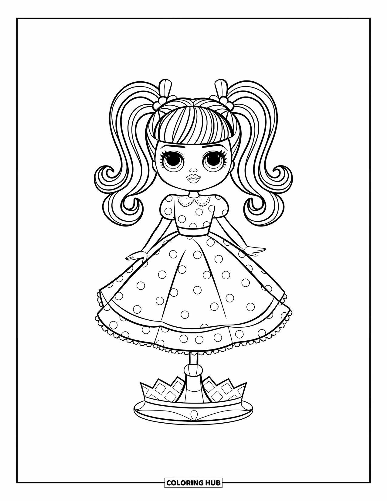 Pop Kleurplaat voor Kinderen: Een pop met hoge paardenstaarten en linten staat op een kroonvormige draaiende standaard