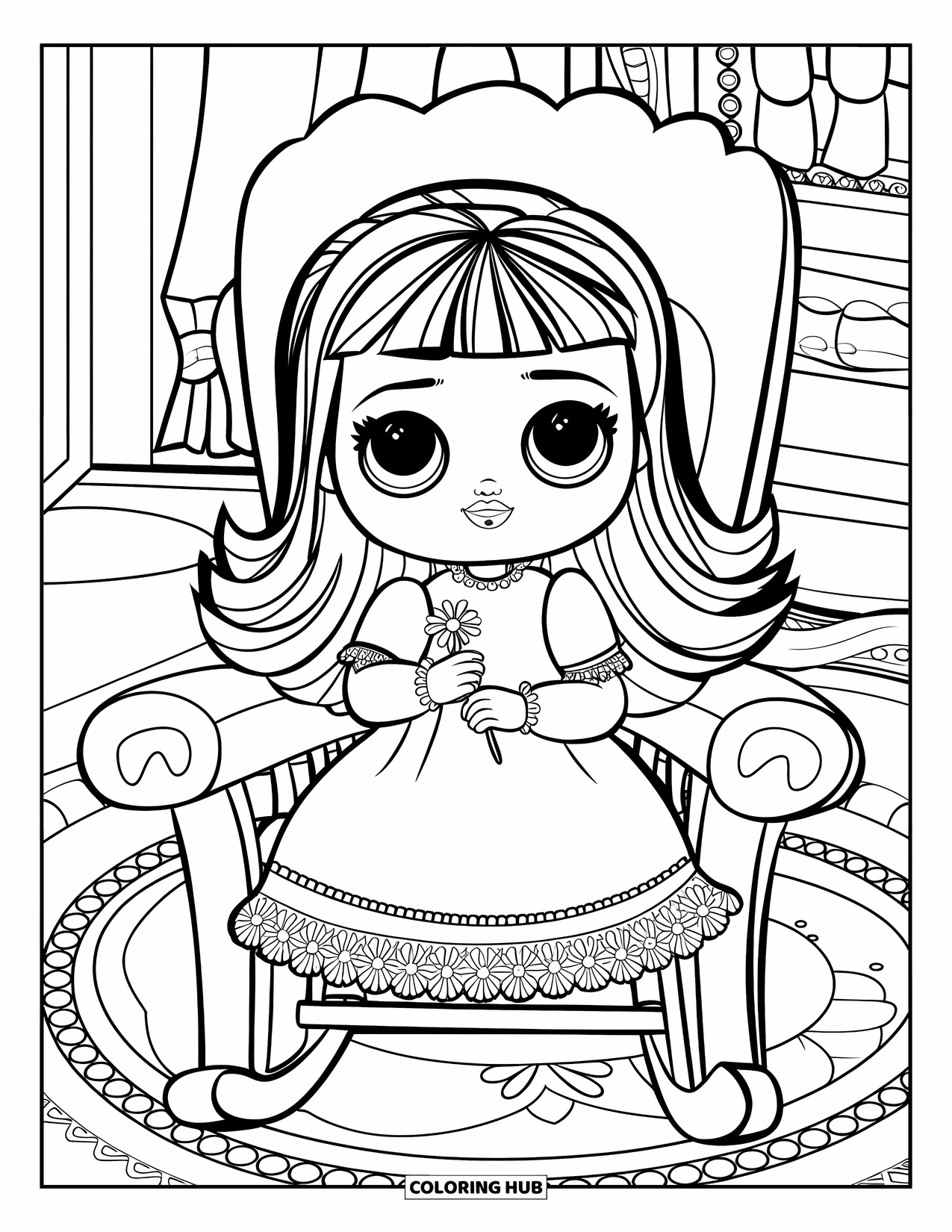 Pop Kleurplaat voor Kinderen: Een pop met lang haar zit in een schommelstoel met een bloem in haar hand