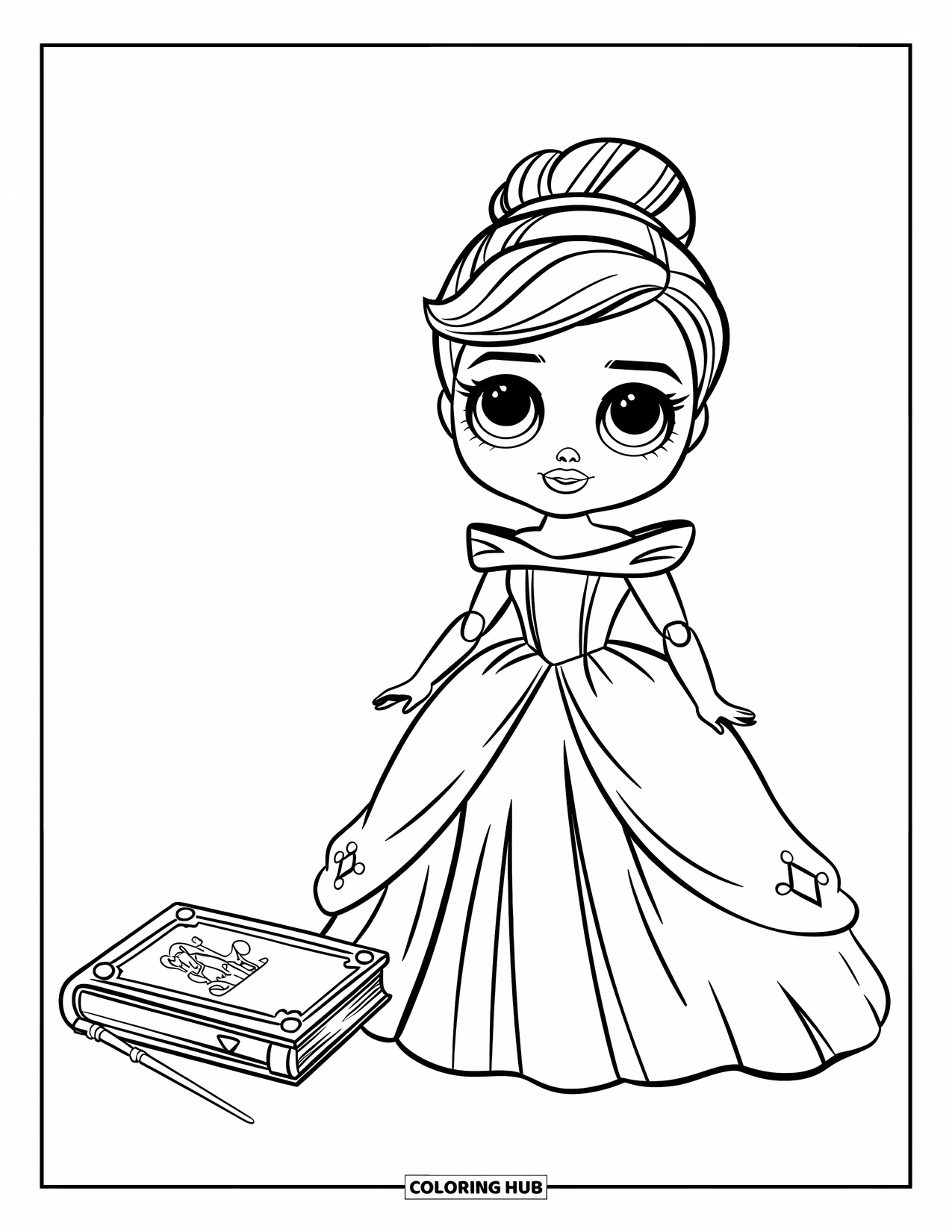 Pop Kleurplaat voor Kinderen: Een sprookjespop in een gewaad staat naast een toverstaf en een gesloten sprookjesboek