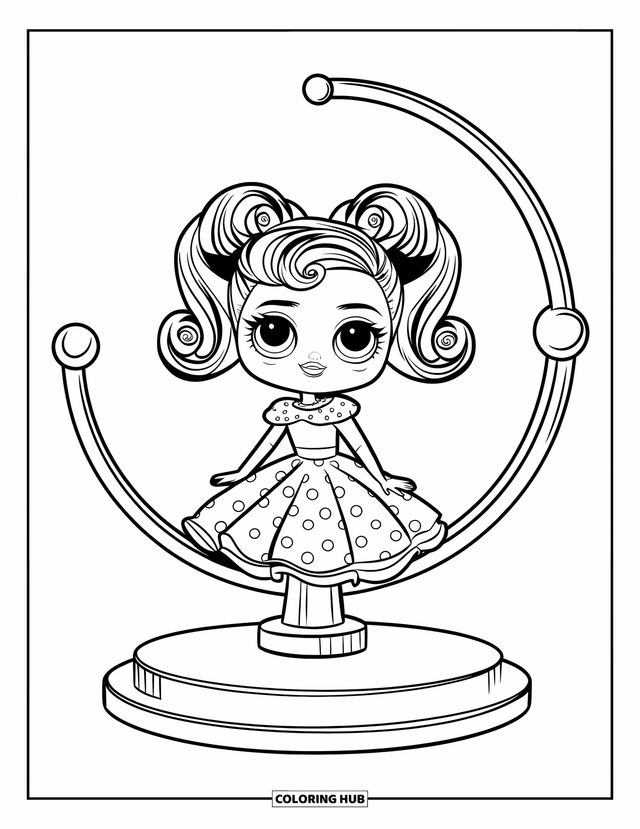 Pop Kleurplaat voor Kinderen: Een modepop in stippen staat op een draaiend display met krullend haar