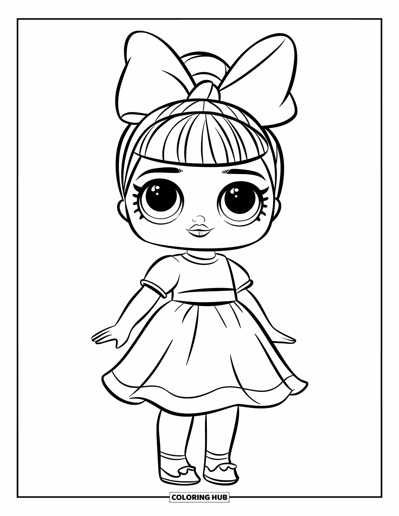 Pop Kleurplaat voor Kinderen: Een modepop met een grote strik staat vrolijk in een eenvoudige jurk