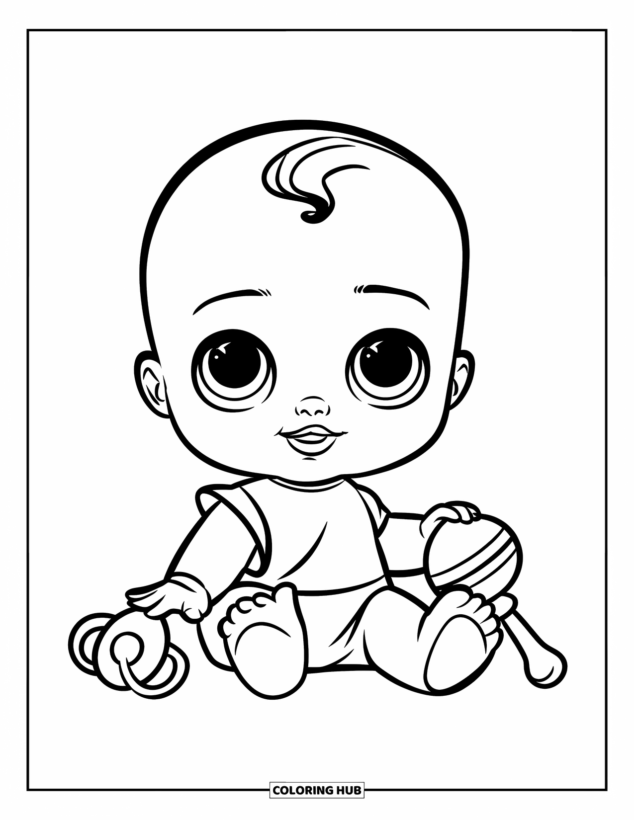Pop Kleurplaat voor Kinderen: Een blije babypop zit met een fopspeen en rammelaar in de buurt