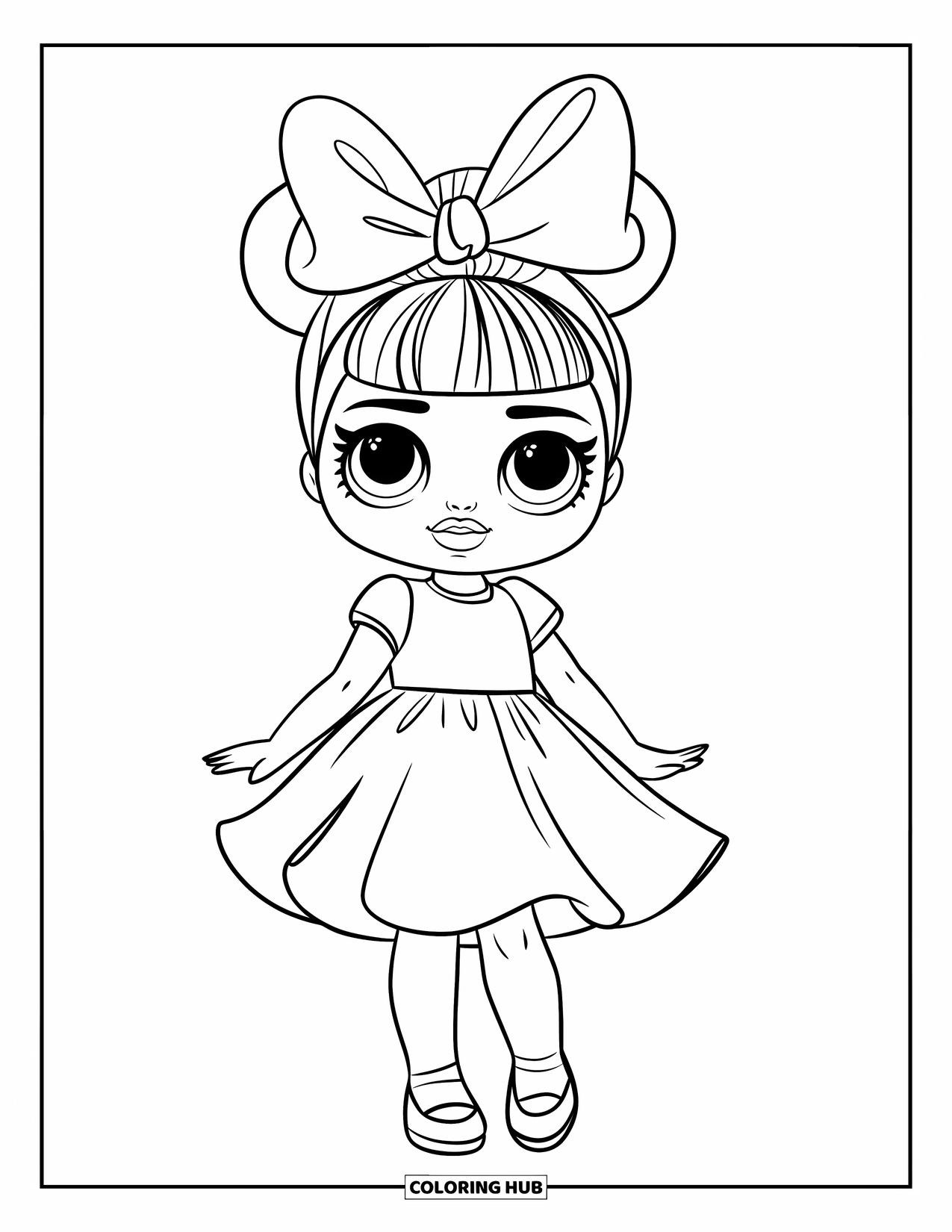 Pop Kleurplaat voor Kinderen: Een blije pop in een jurk staat groot met een grote strik op haar hoofd