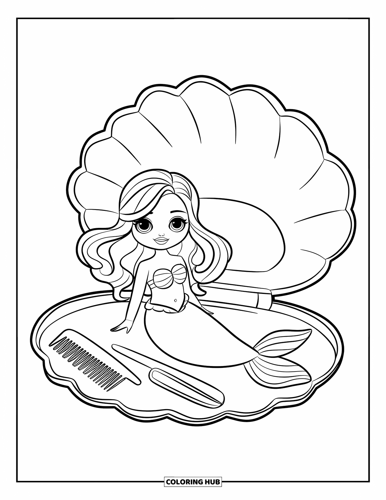 Pop Kleurplaat voor Kinderen: Een zeemeerminpop rust in een schelp naast een spiegel en kam