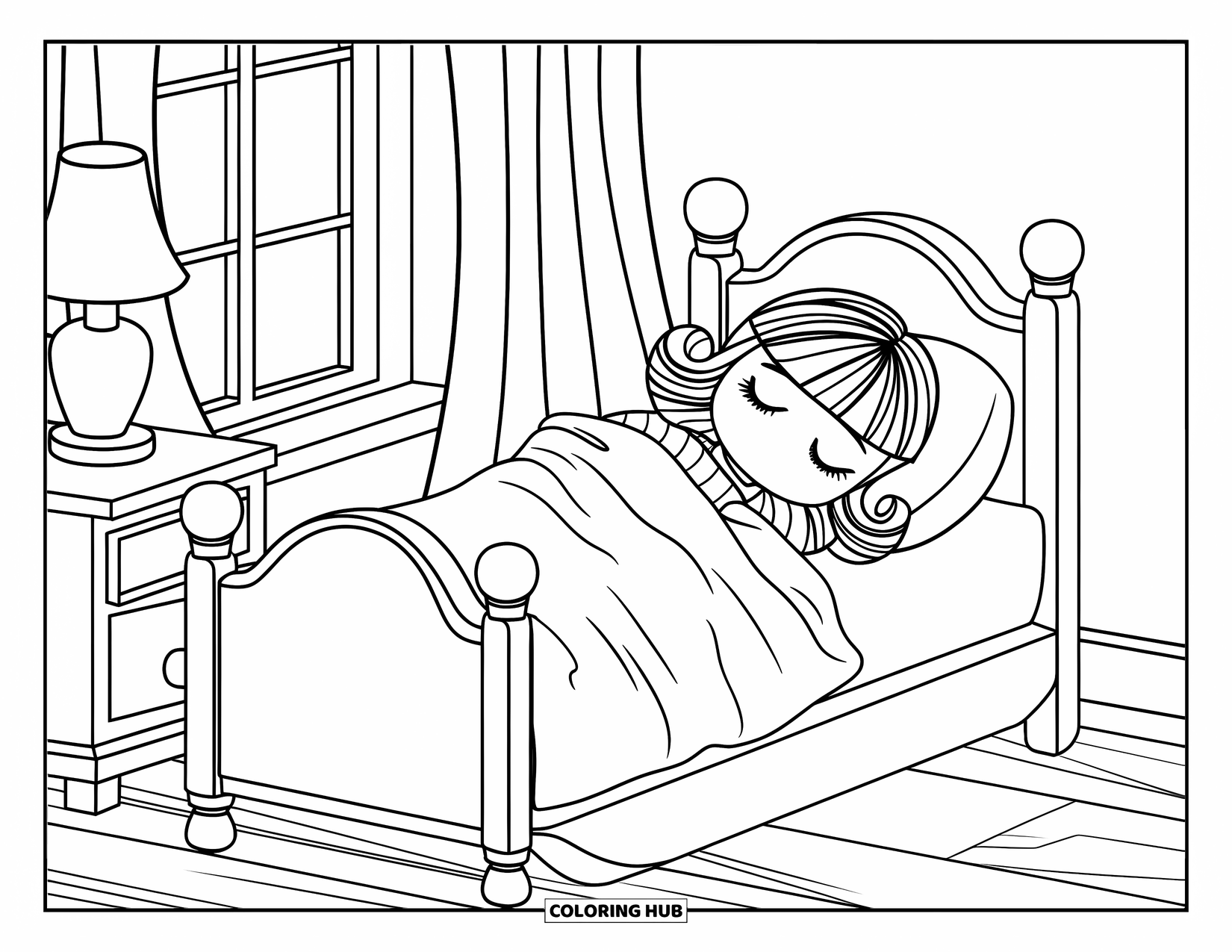 Pop Kleurplaat voor Kinderen: Een vredige pop in pyjama slaapt in bed naast een nachtkastje en een lamp