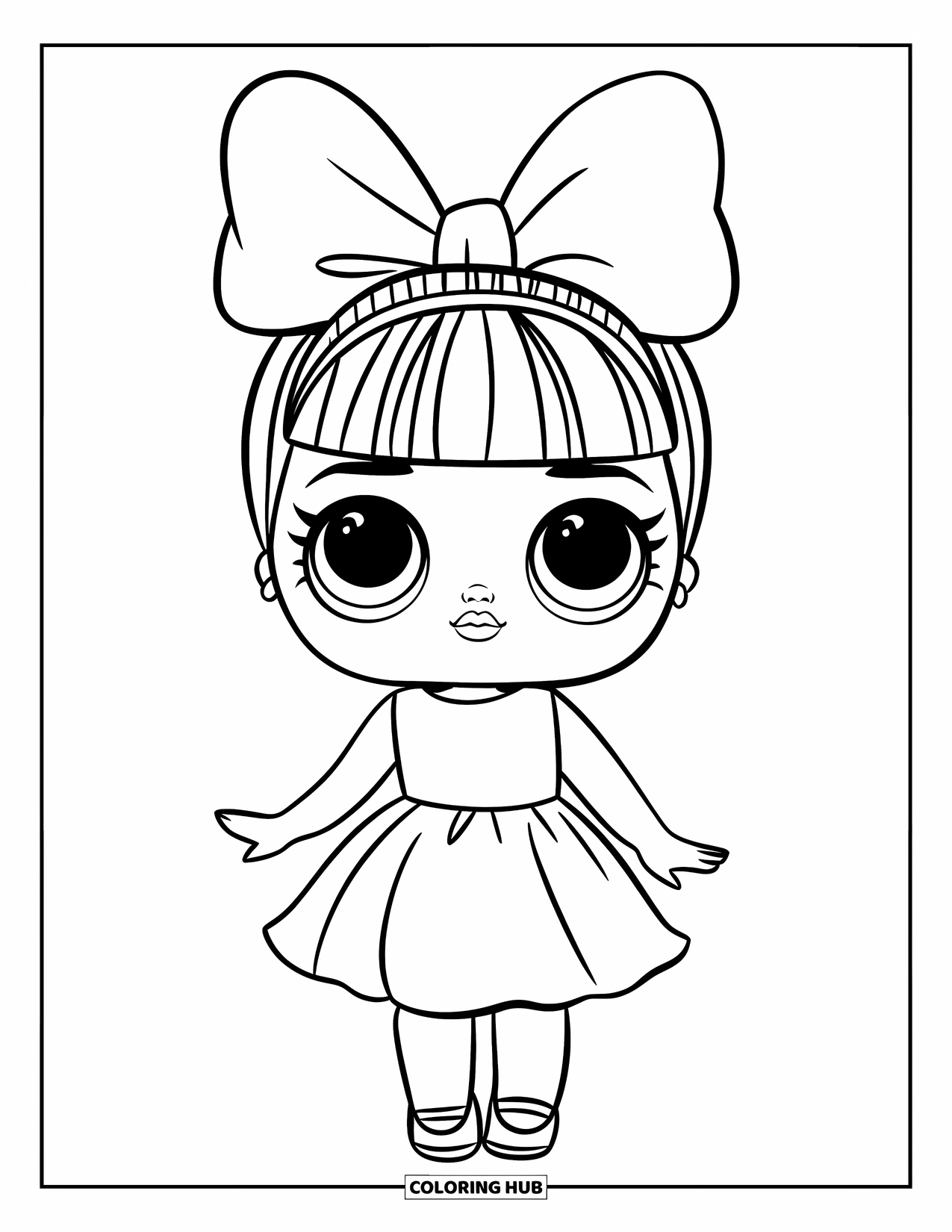 Pop Kleurplaat voor Kinderen: Een speelse pop met een grote strik poseert in haar eenvoudige outfit
