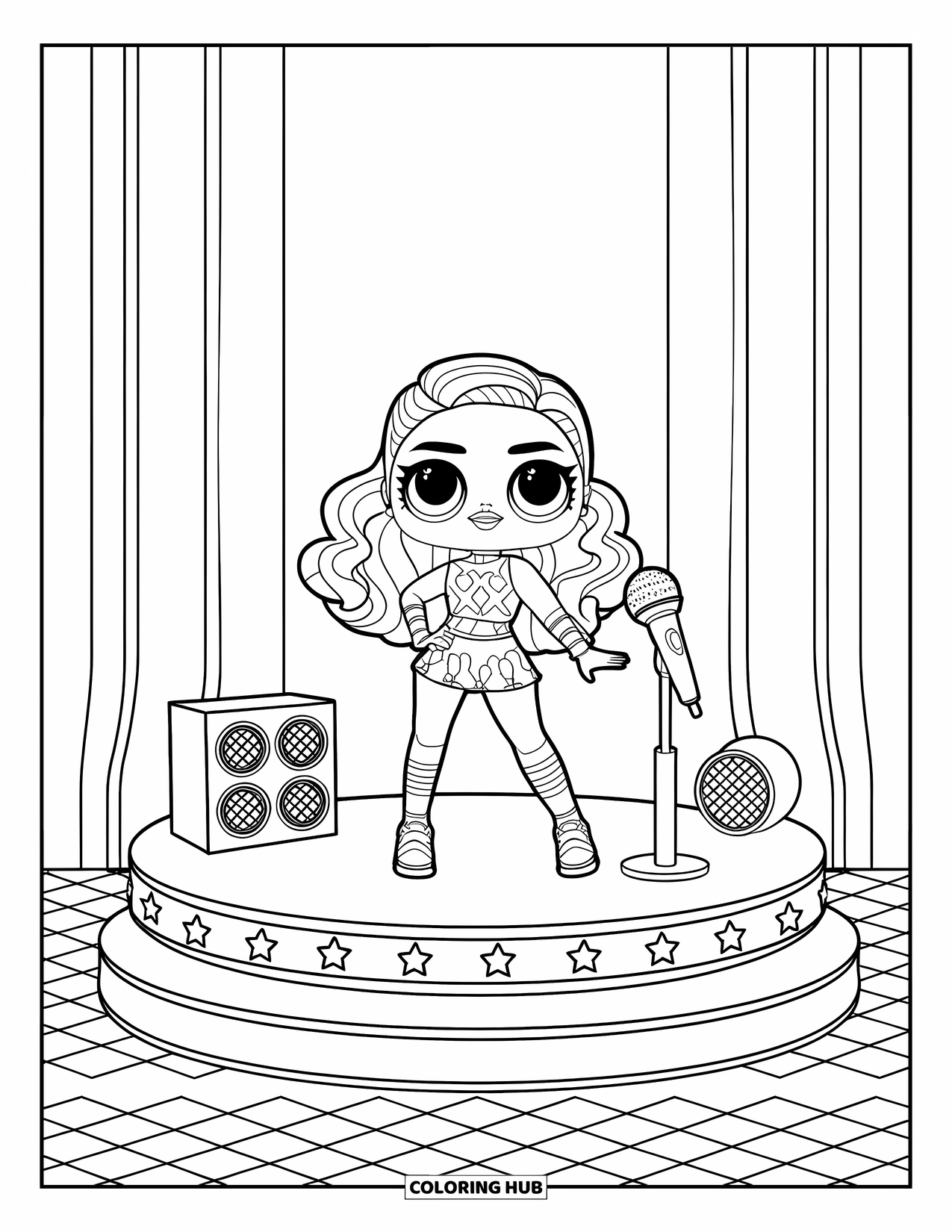 Pop Kleurplaat voor Kinderen: Een popster met krullend haar staat op het podium met luidsprekers en een microfoon