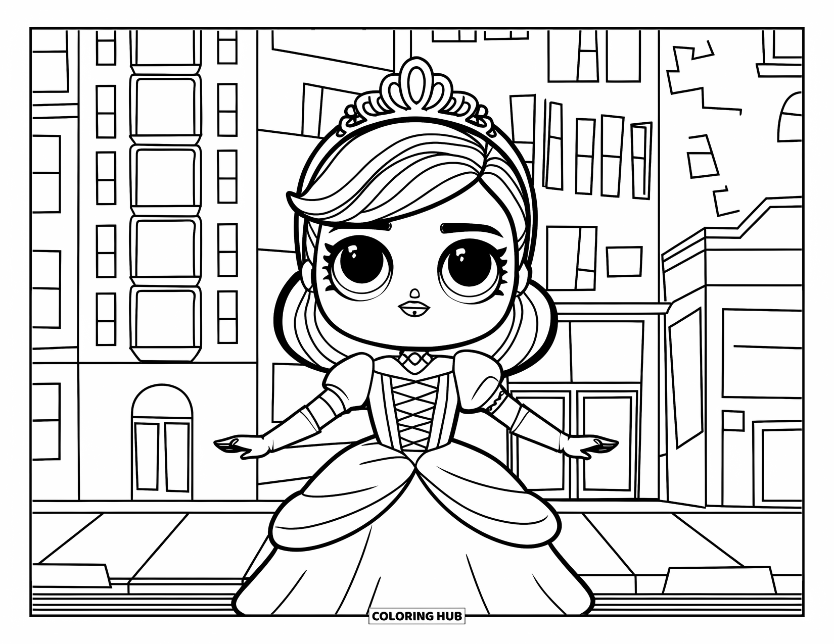 Pop Kleurplaat voor Kinderen: Een pop in prinsessenstijl staat voor hoge speelgoedgebouwen, gekleed in een gewaad en kroon