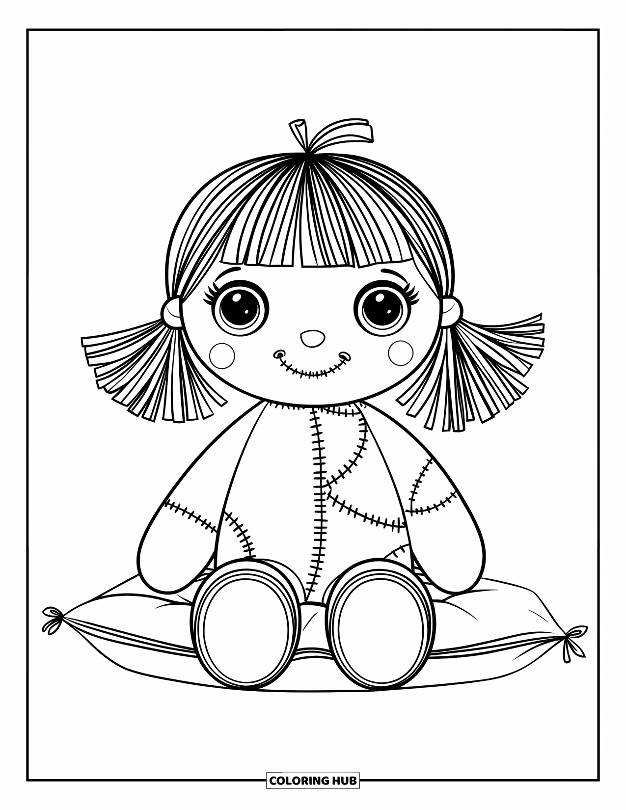 Pop Kleurplaat voor Kinderen: Een lappenpop met knoopogen en een gestikte glimlach zit rustig op een kussen