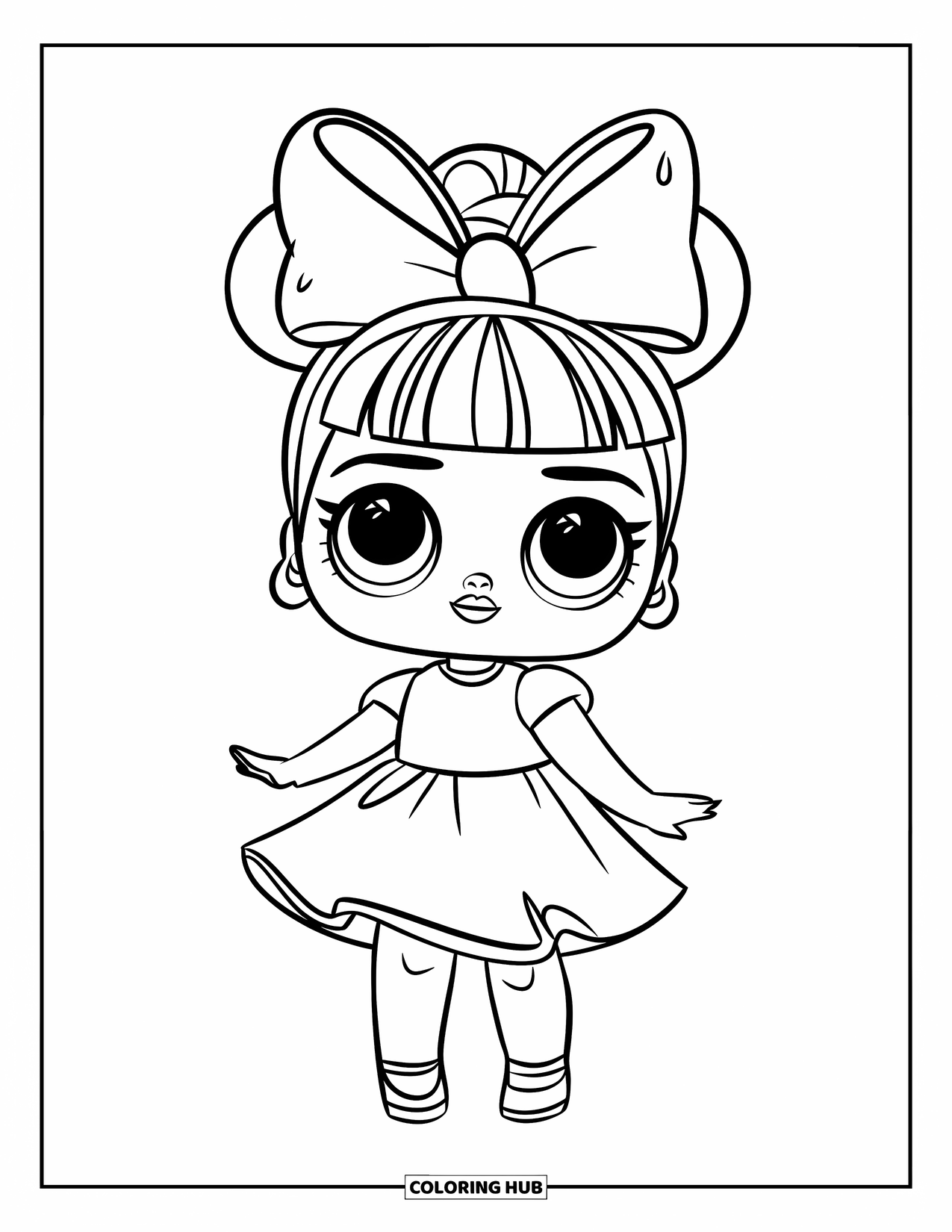 Pop Kleurplaat voor Kinderen: Een glimlachende pop met een grote strik staat in haar jurk, klaar om te spelen