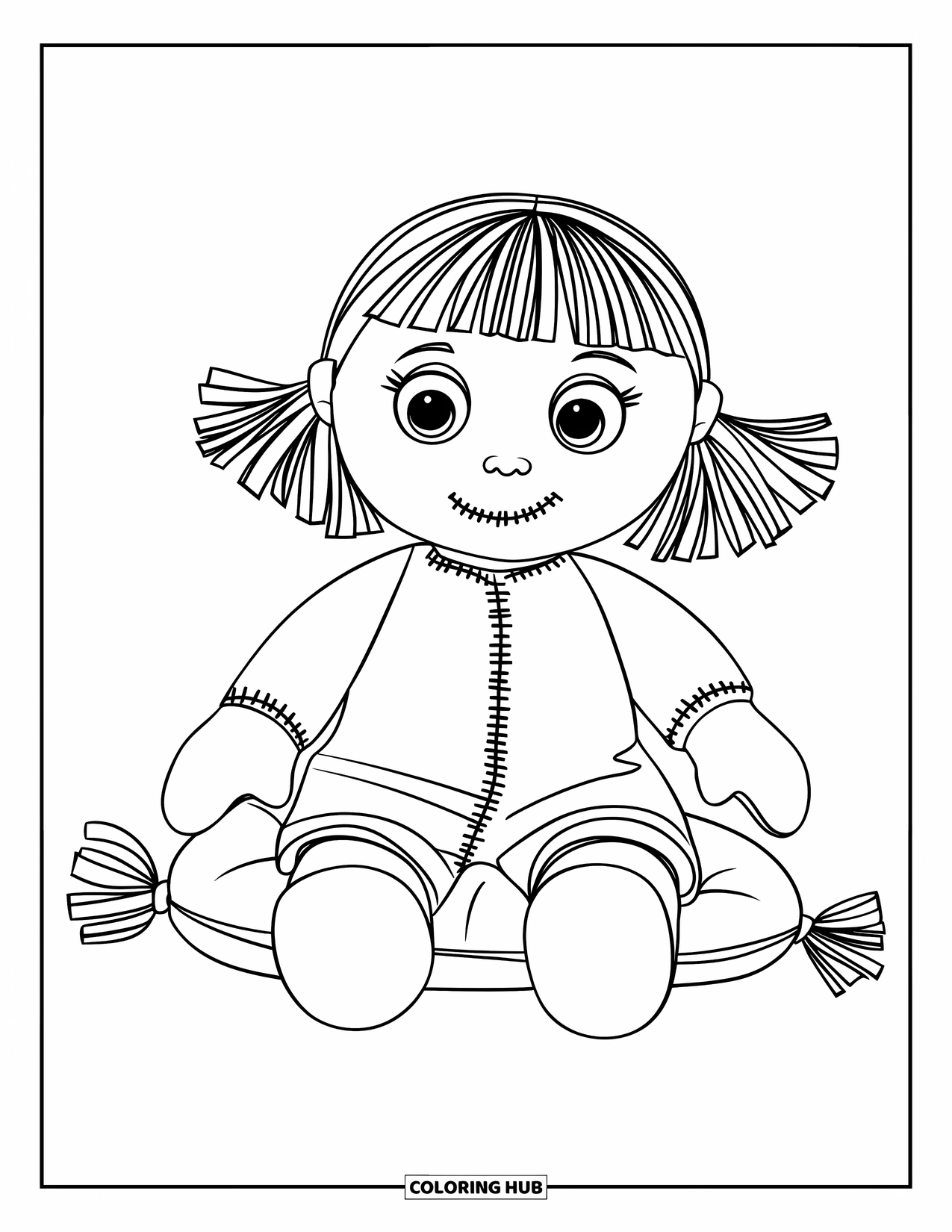 Pop Kleurplaat voor Kinderen: Een genaaide lappenpop met knoopogen zit vrolijk op een zacht kussen