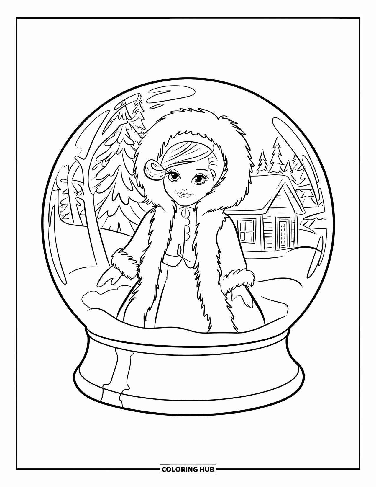 Pop Kleurplaat voor Kinderen: Een winterpop in een imitatiebontjas staat in een sneeuwbolscène met bomen en een huisje