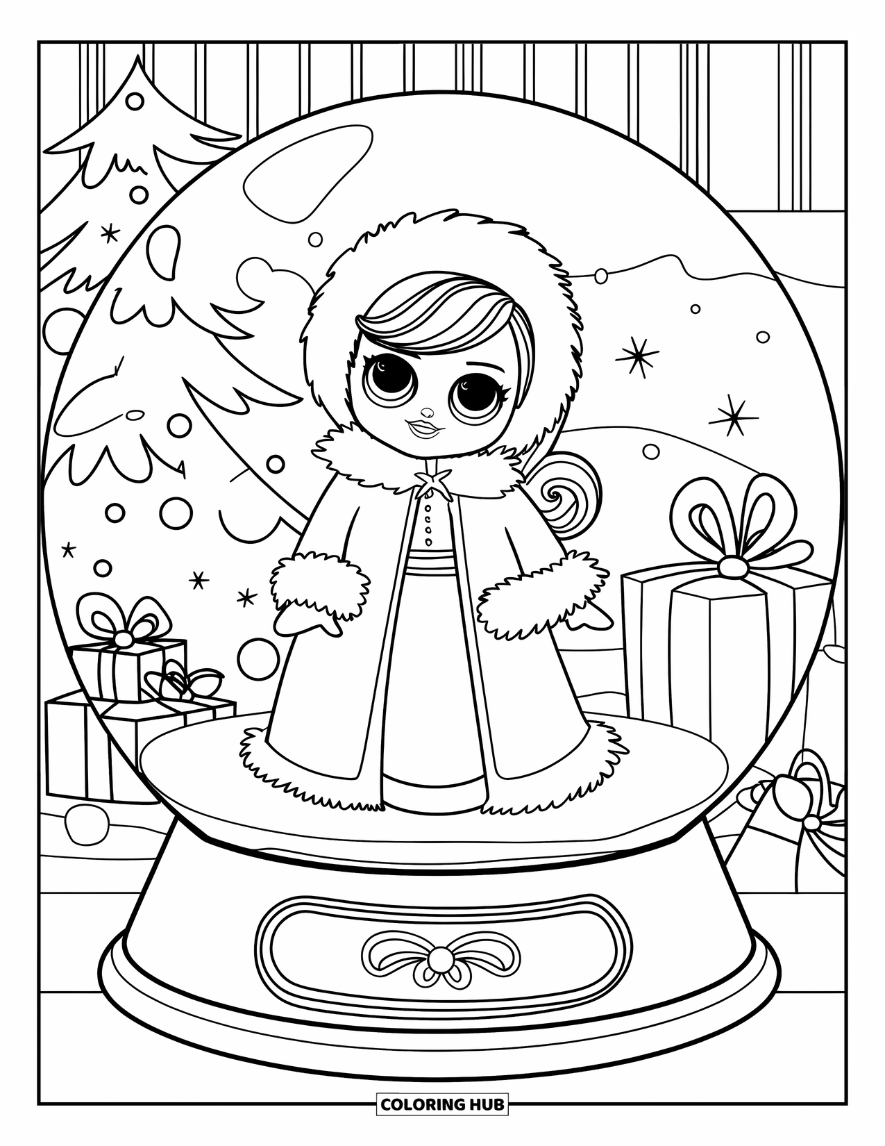Pop Kleurplaat voor Kinderen: Een winterpop in een bontjas staat in een feestelijke sneeuwbol met geschenken en decoraties