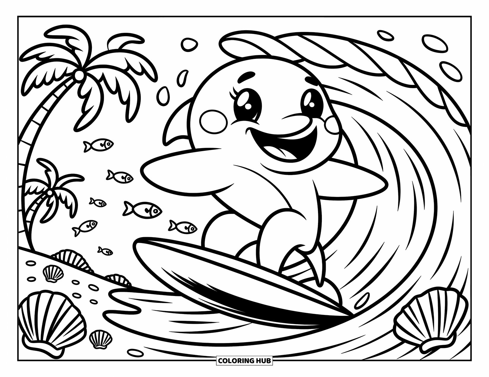 Delfin Ausmalbild für Erwachsene: Ein fröhlicher Delfin surft über verspielten Fischen mit Palmen im Hintergrund